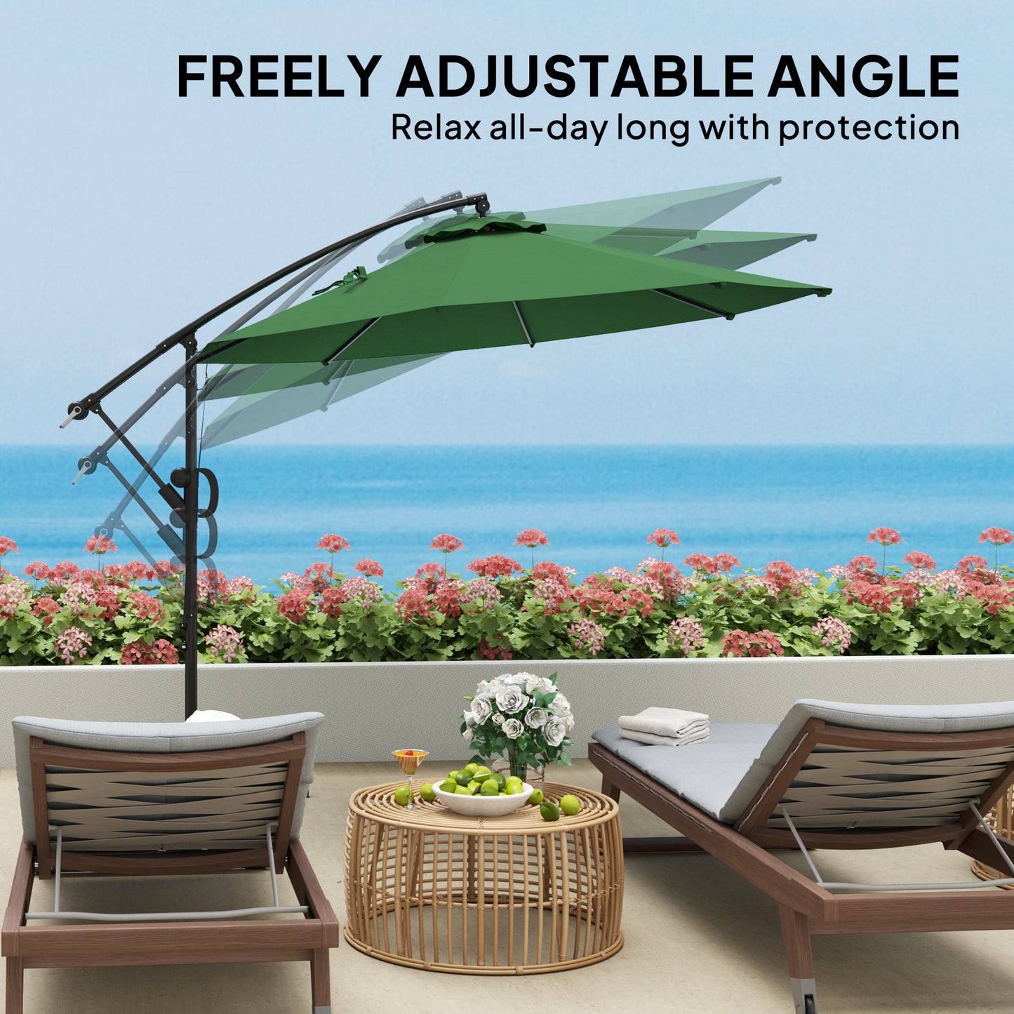 Outsunny Garden Cantilever Parasol with Cover & Wind Strap, Round Umbrella with Crank & Tilt, UPF50+ Patio Sun Shade, Green