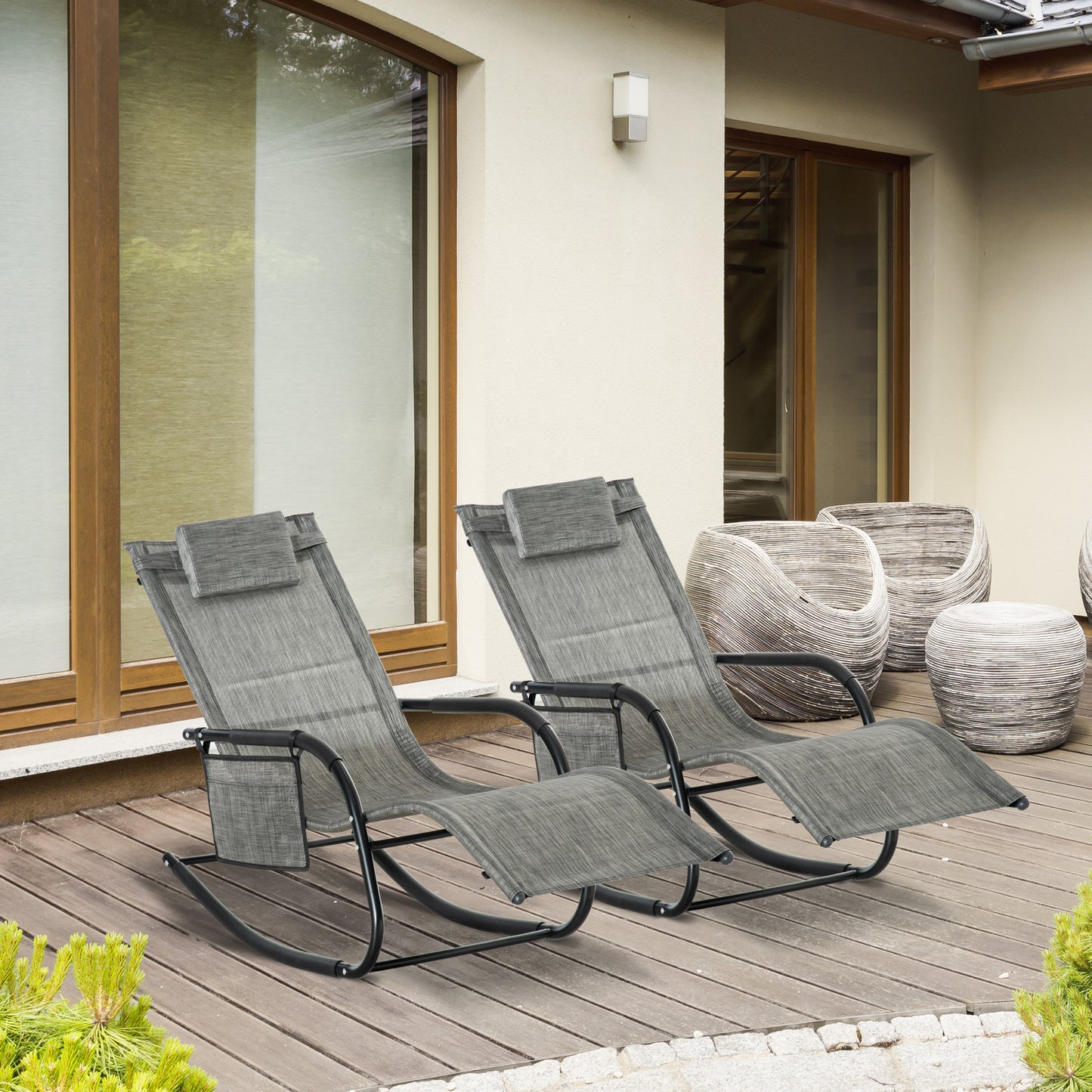 Outsunny 2PCs Outdoor Garden Rocking Chair, Patio Sun Lounger with Mesh Fabric, Removable Pillow, Armrest, Storage Bag, Dark Grey