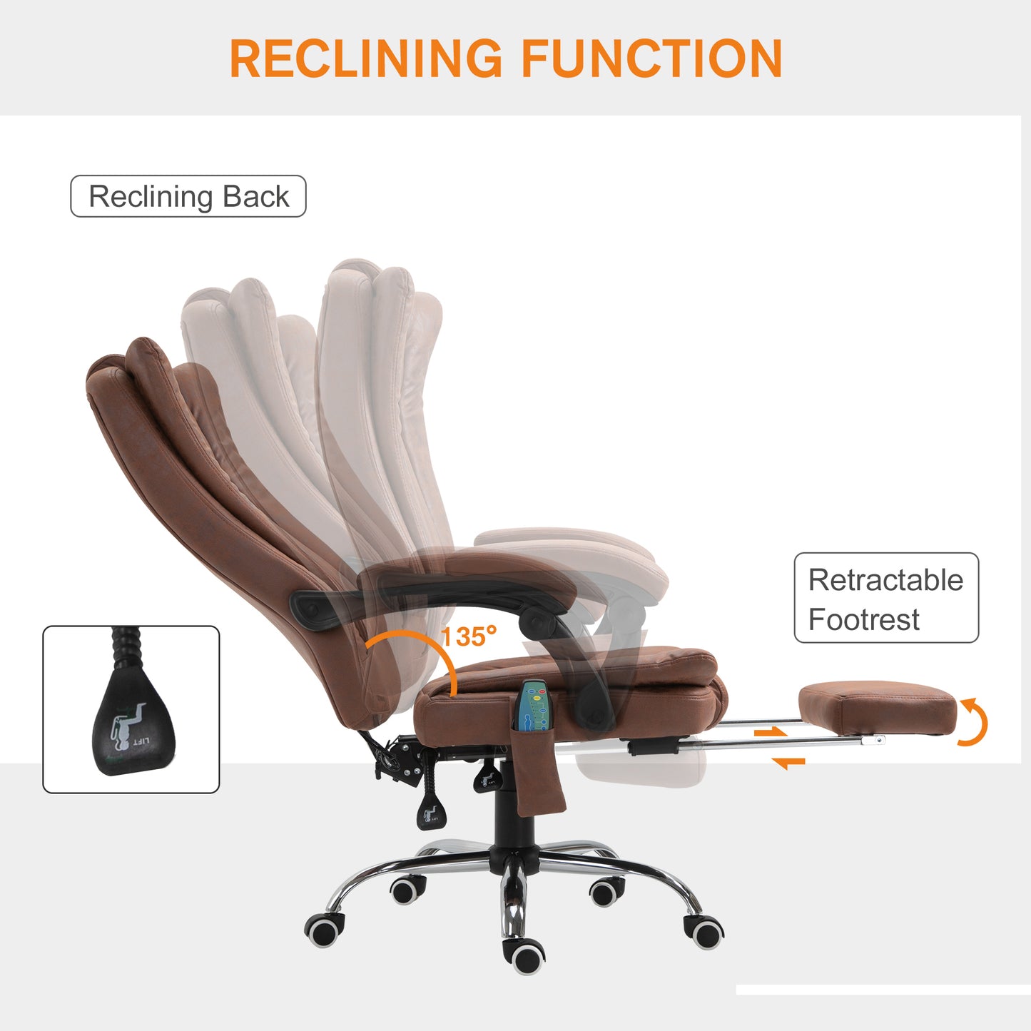 Vinsetto High Back Vibration Massage Office Chair, Heated Reclining Leathaire Fabric Computer Chair with Footrest, Brown