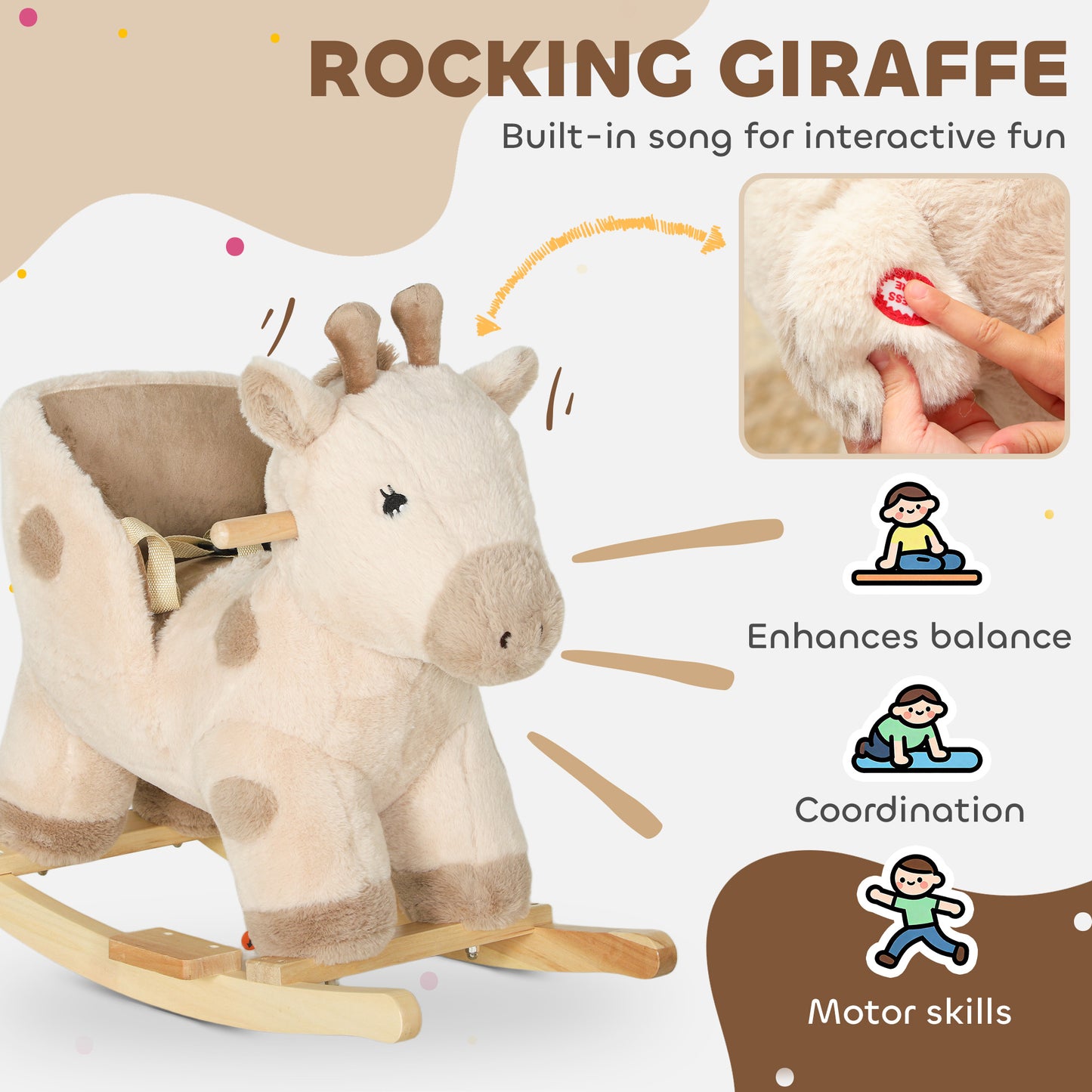 AIYAPLAY Rocking Horse, Stable Plush Ride on Horse Giraffe Design with Music, Security Belt, Baby Toy Rocker for 1-3 Years, Beige
