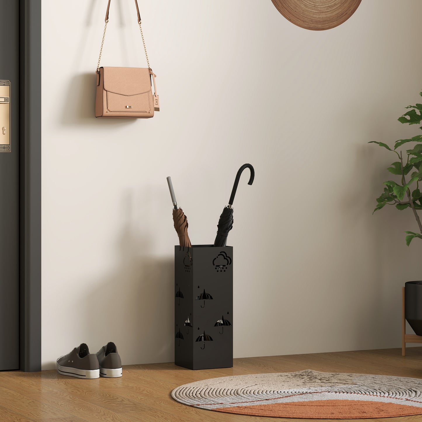 HOMCOM Metal Umbrella Stand, Square Holder with Drip Tray & 4 Hooks, Decorative Rack for Hallway/Entryway, 15.5x15.5x41 cm, Black