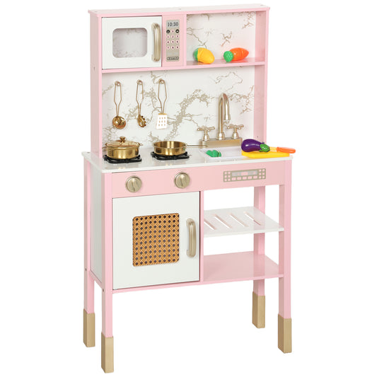 AIYAPLAY Kitchen Playset with Pretend Play Cooking Accessories, Play Kitchen with Oven, Microwave and Sink, Pink