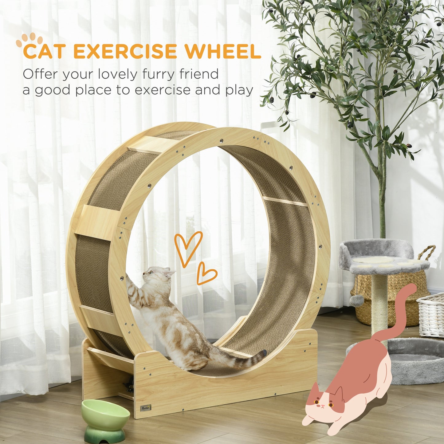 PawHut Cat Wheel with Brake Scratching Pads Oak