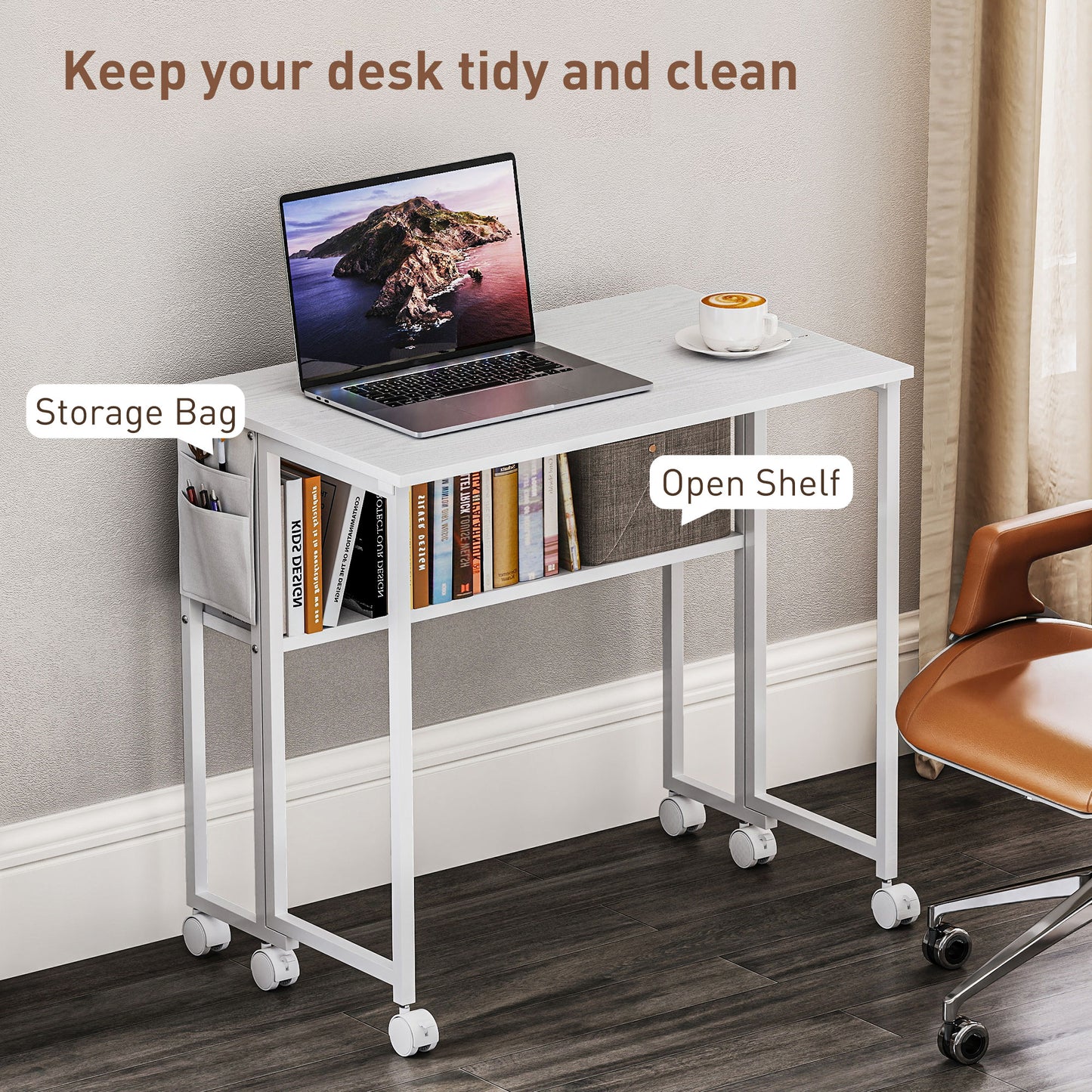 HOMCOM 80 cm Folding Desk with Storage Shelf and Drop Leaf on Wheels - White