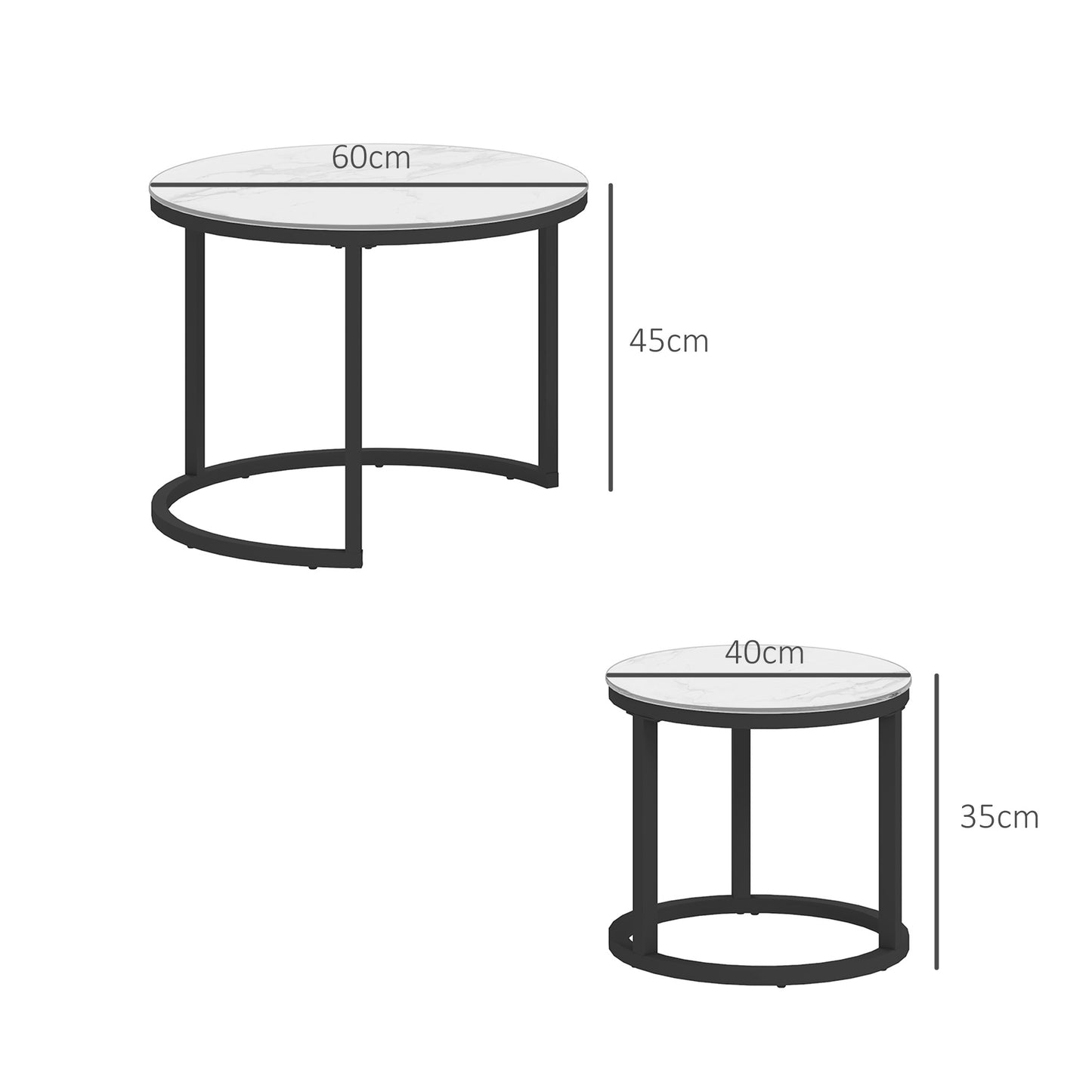 HOMCOM Glass Coffee Table Set, Round Marble-Effect Tempered Glass Top & Steel Frame, White