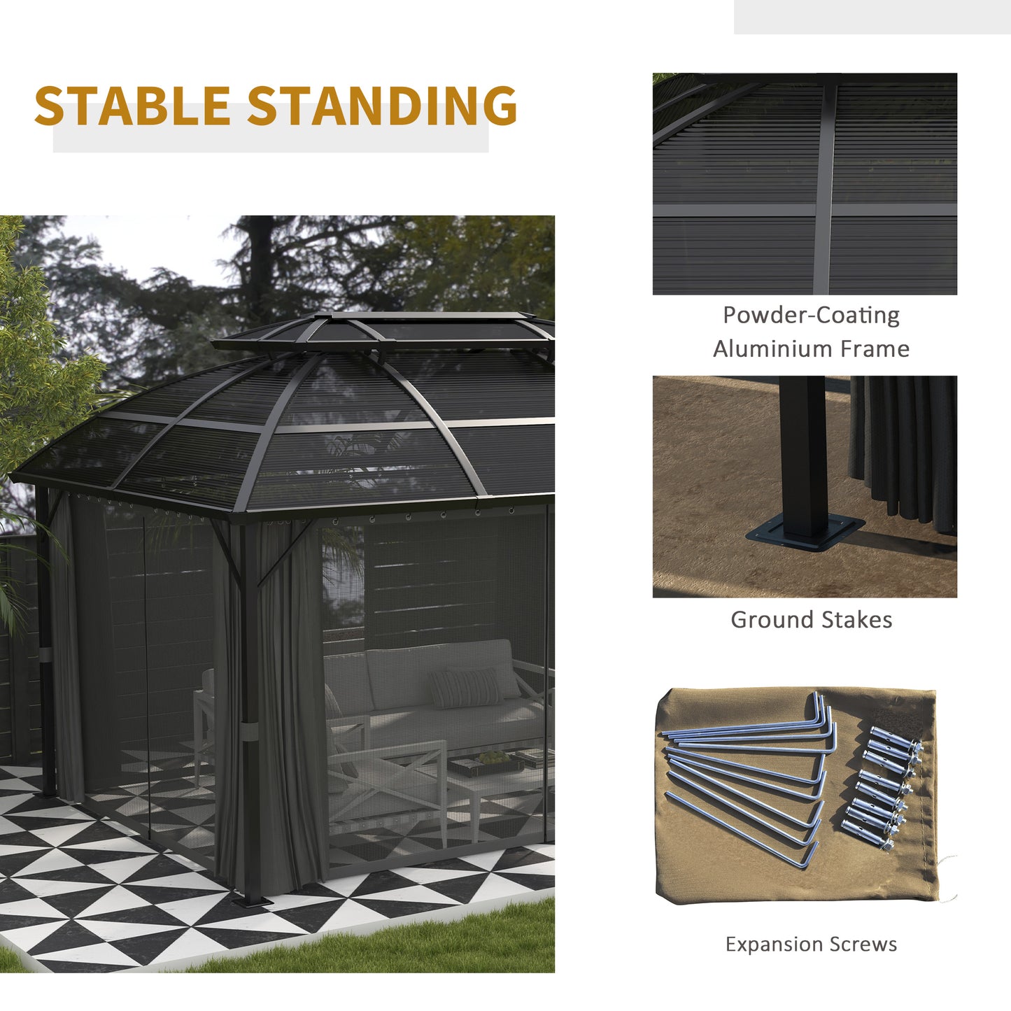 Outsunny 4 x 3m Aluminium Frame Hard Gazebo with Accessories - Black