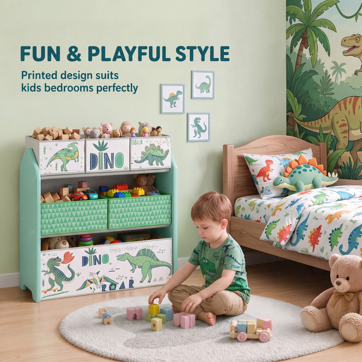 AIYAPLAY Toy Storage Organiser, 3-Tier Wooden Kids Toy Storage Rack with 6 Fabric Storage Bins for Bedroom, Kids Room, Green