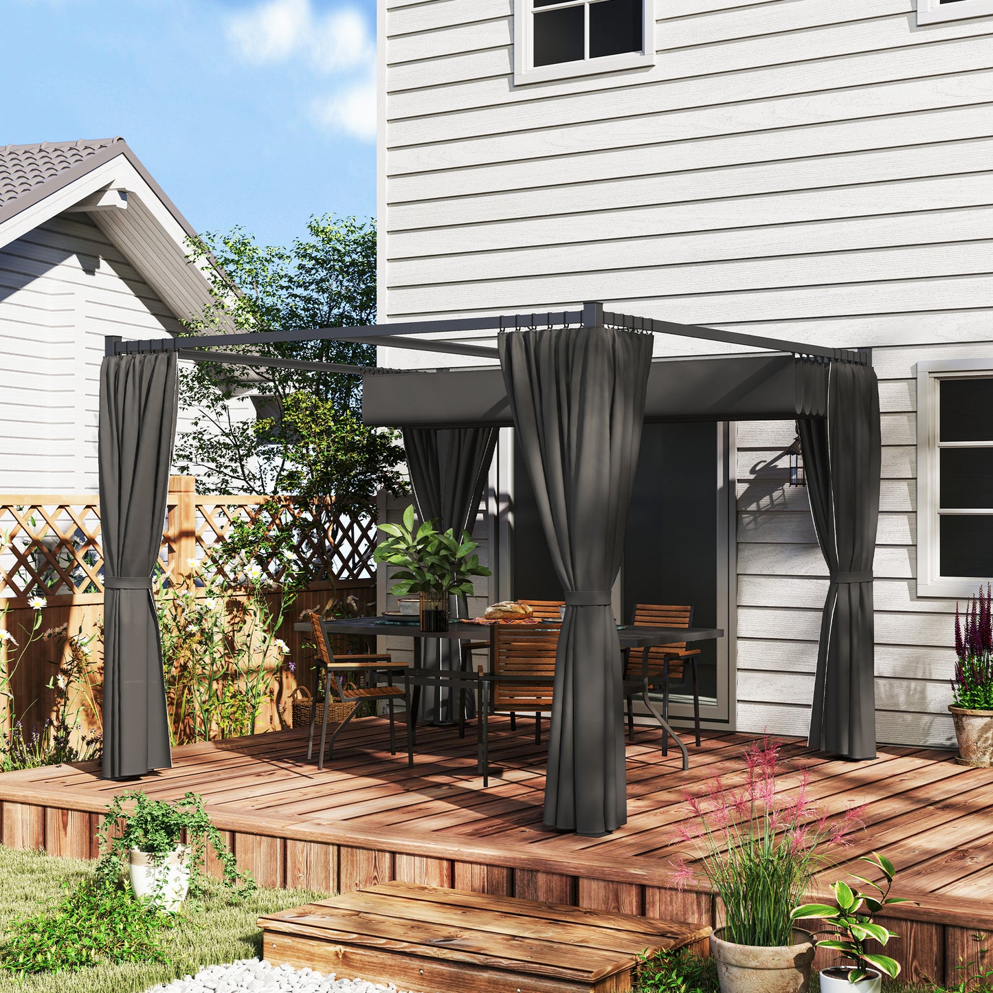 Outsunny 3 x 3(m) Retractable Pergola, Garden Gazebo Shelter with Curtains, for Grill, Patio, Deck, Charcoal Grey