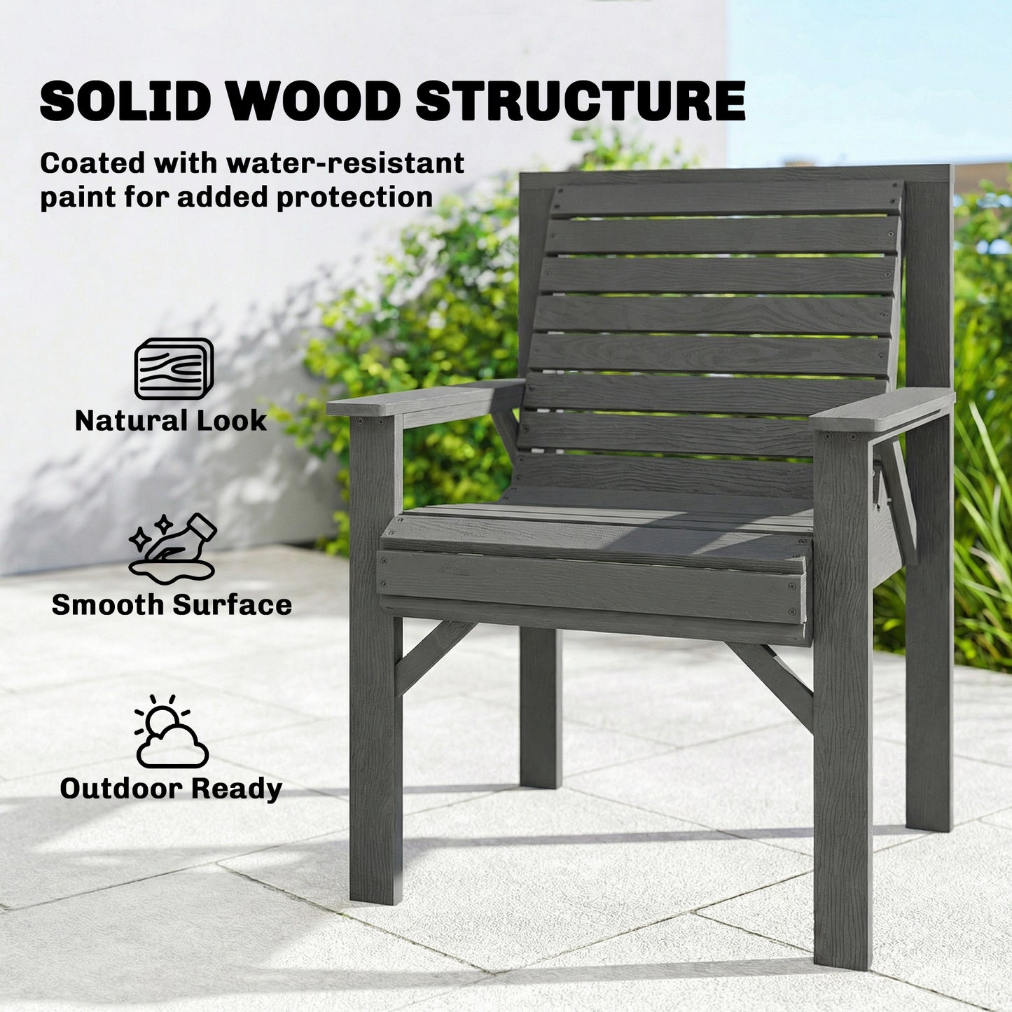Outsunny Wooden Garden Dining Chair, Outdoor Chair Garden Armchair with Curved Seat and Wide Armrests, Grey Embossed Finish