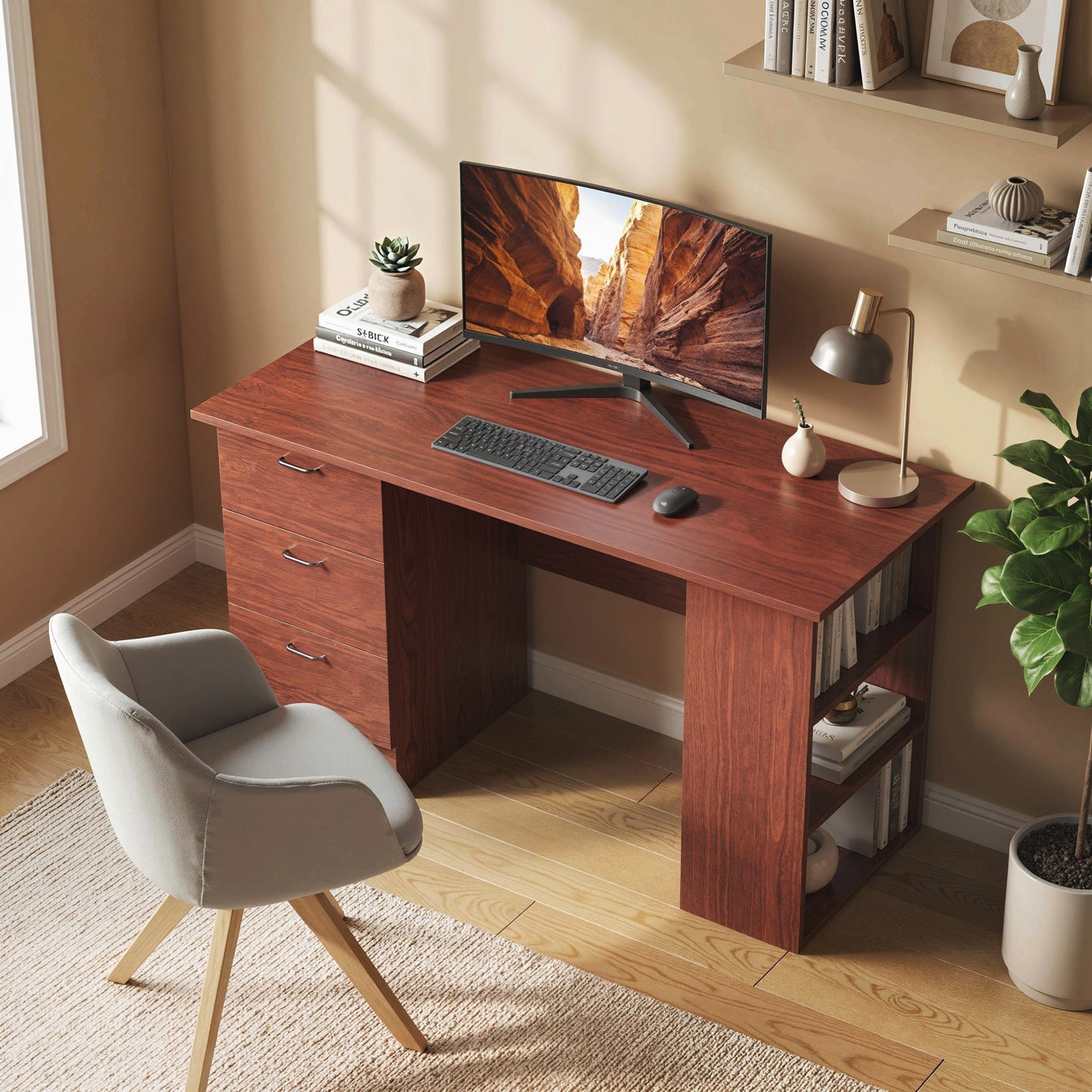 HOMCOM Computer Desk, Writing Table, PC Workstation with 3 Storage Shelves and Drawers, Handle, for Home Office, Walnut Brown