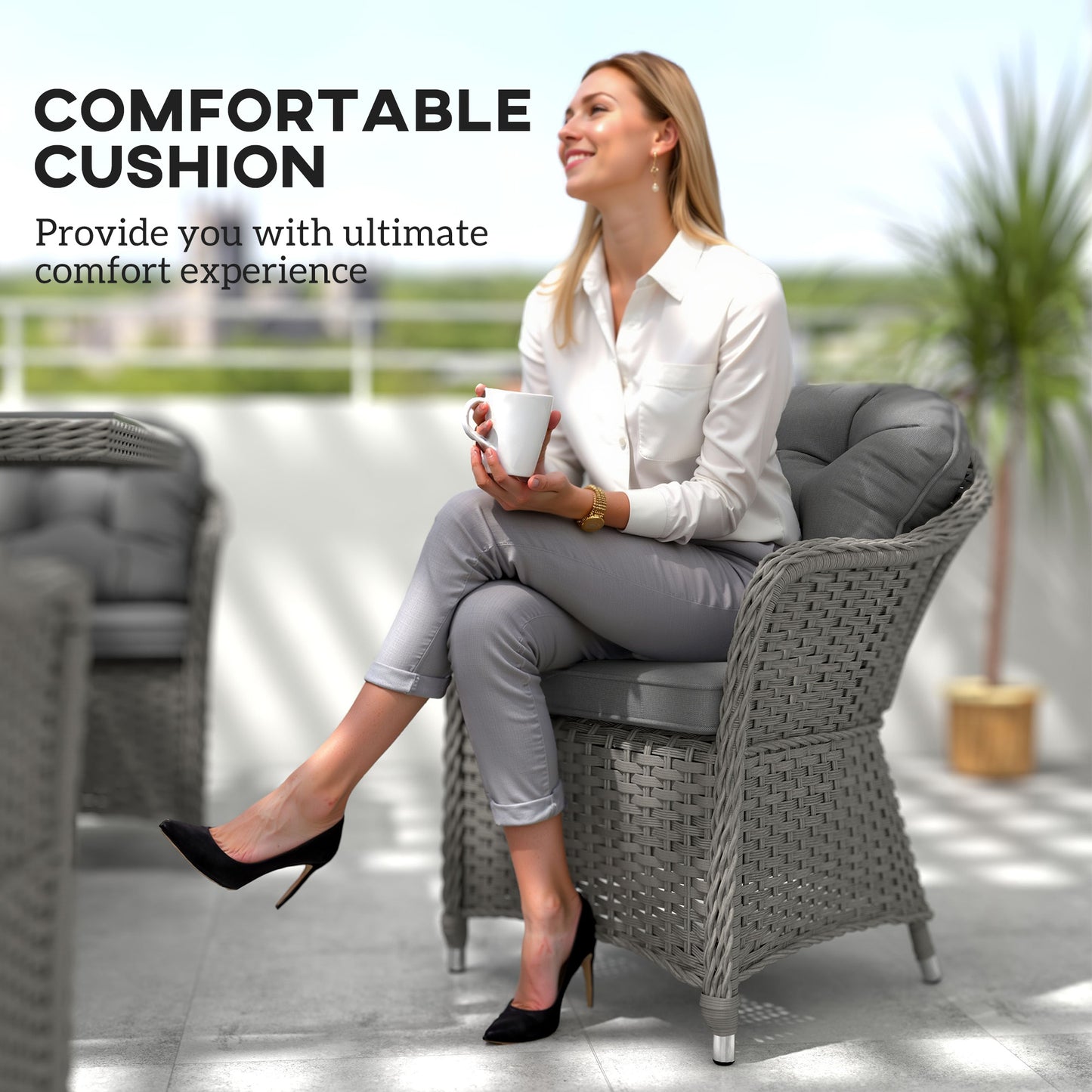 Outsunny 6 Seater Rattan Dining Set with Cushions, PE Rattan Garden Furniture, Rectangular Glass Table with Umbrella Hole, Light Grey