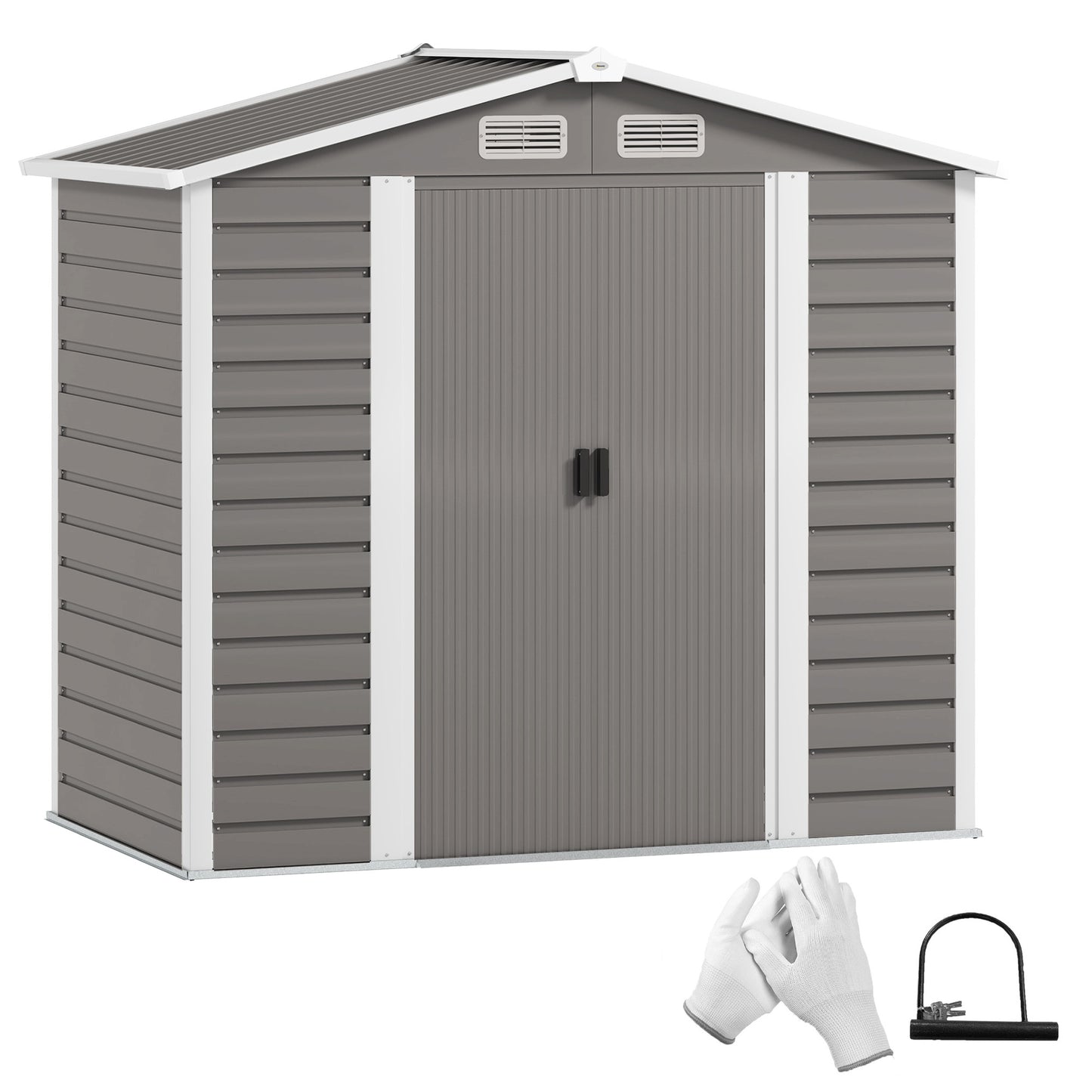 Outsunny Garden Shed, 7x4ft Galvanised Steel Frame, Double Doors with Lock, Vents & Gloves, Foundation Kit Included, Light Grey