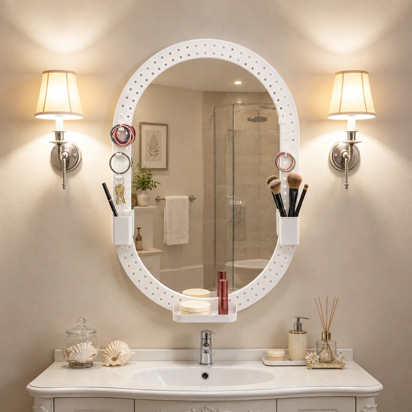 HOMCOM Oval Wall Mirror, 60 x 90 cm Decorative Hanging Mirror with Pegboard Frame, Wall-Mounted, White
