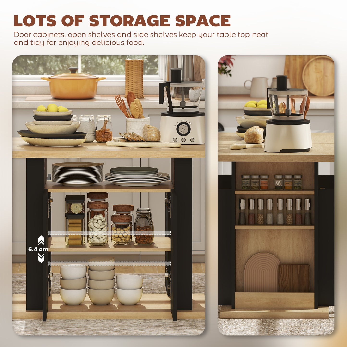HOMCOM Kitchen Island with Spice Rack, Kitchen Storage with Large Tabletop for 4-6 People, Adjustable Shelves Black & Natural
