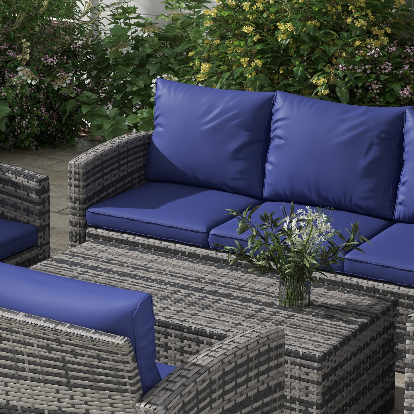 Outsunny 7-Seater Rattan Garden Furniture Set, Wicker Sofa with Storage Tea & Side Tables, Navy Blue