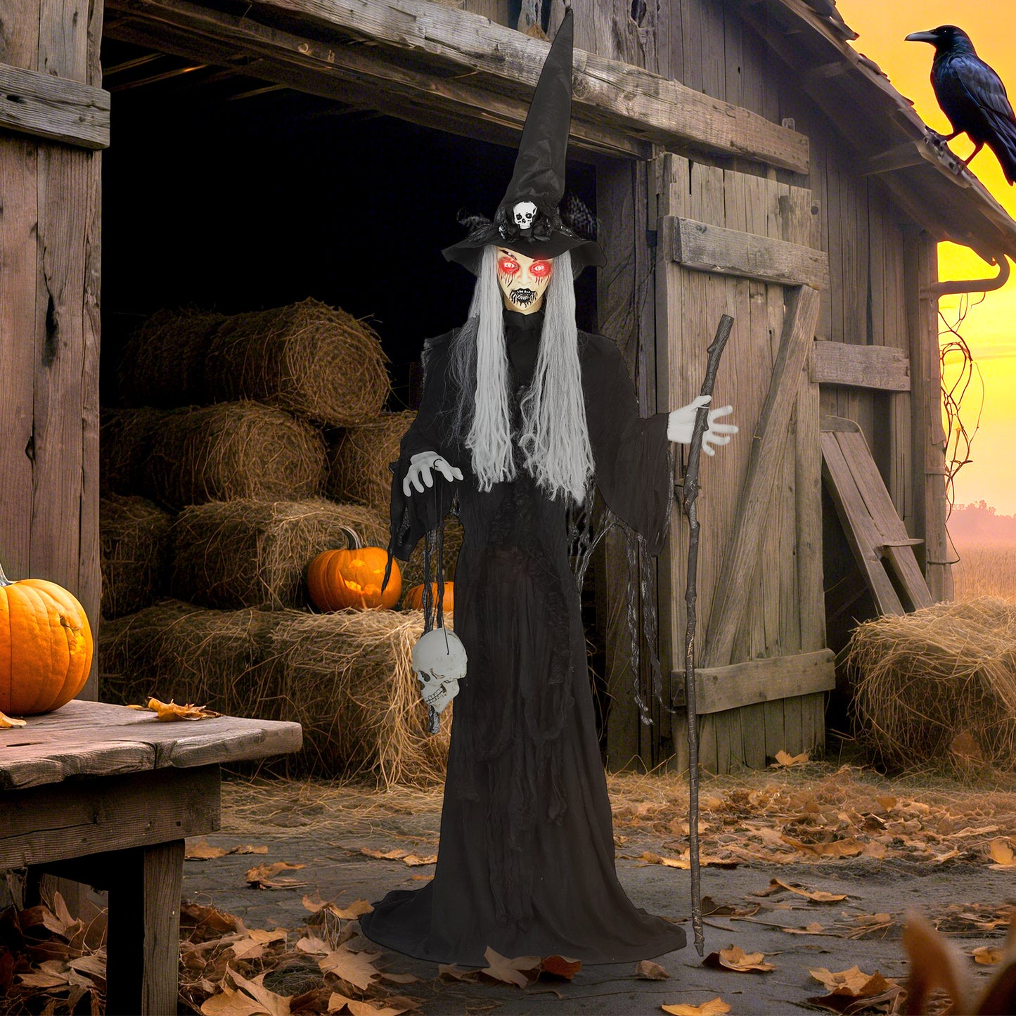 Outsunny 170cm Halloween Animated Witch & Staff, LED Eyes, Spooky Battery Operated Decoration, Indoor Party Prop, Life Size, Black