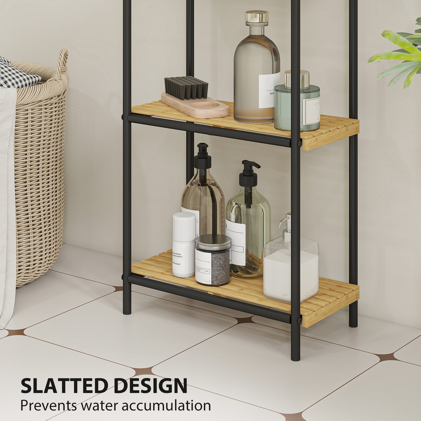 HOMCOM 3-Tier Bamboo Storage Shelf, Freestanding Narrow Unit with Slatted Shelves, 41.5x21.5x77.5 cm, Natural and Black