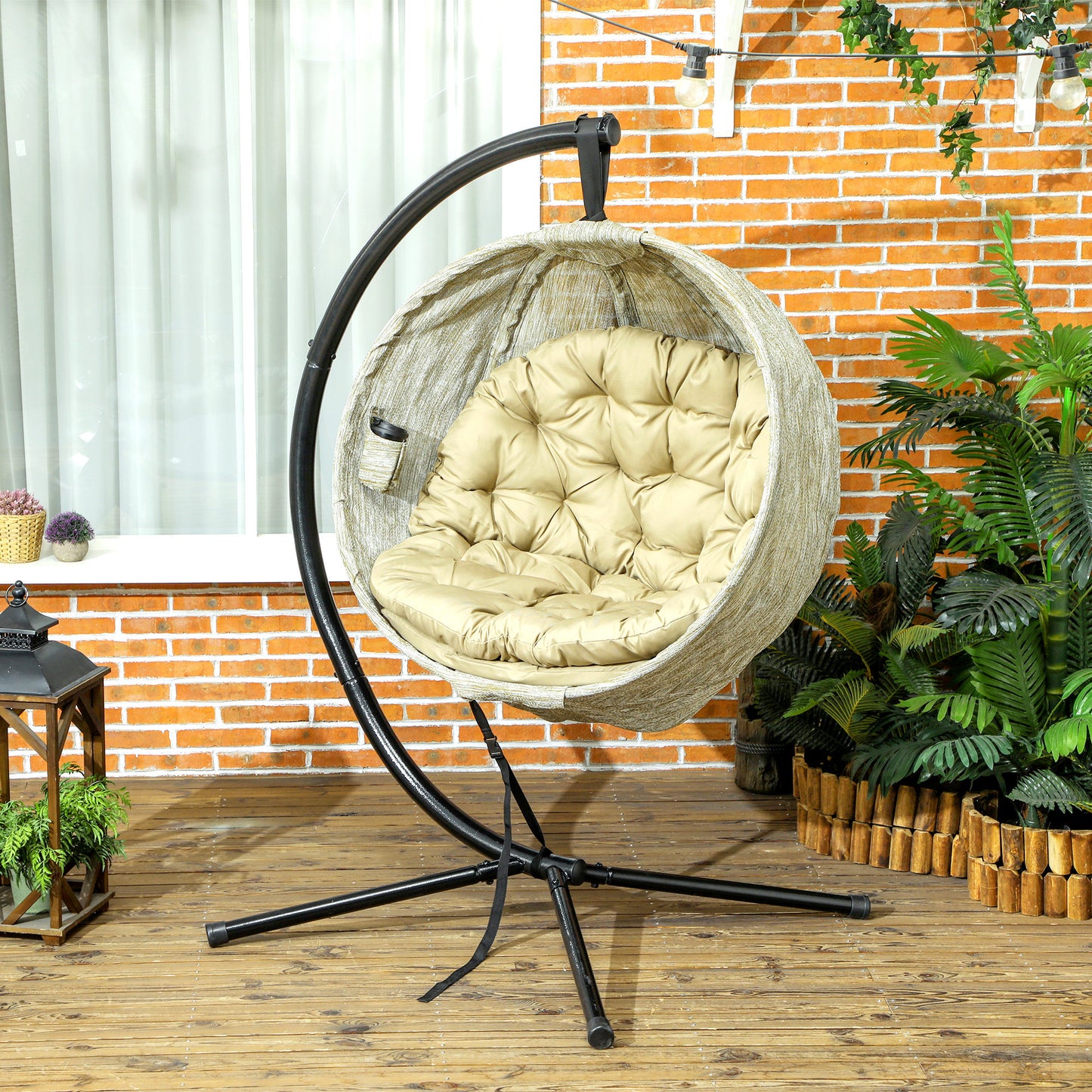 Outsunny Hanging Egg Chair: Indoor/Outdoor Swing with Stand, Cushion, Cup Holder for Patio/Balcony, Khaki
