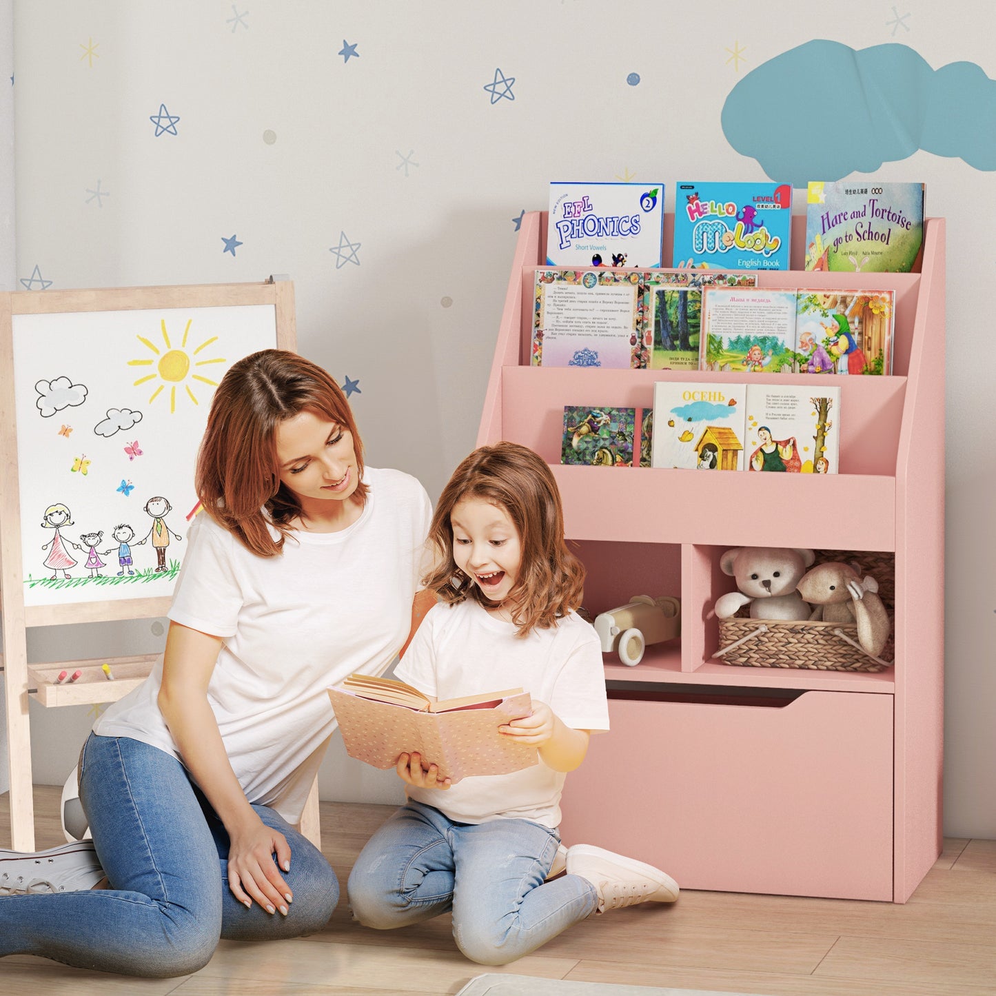 HOMCOM Kids Bookshelf, Toy Organiser, with Storage Drawer, Wheels - Pink