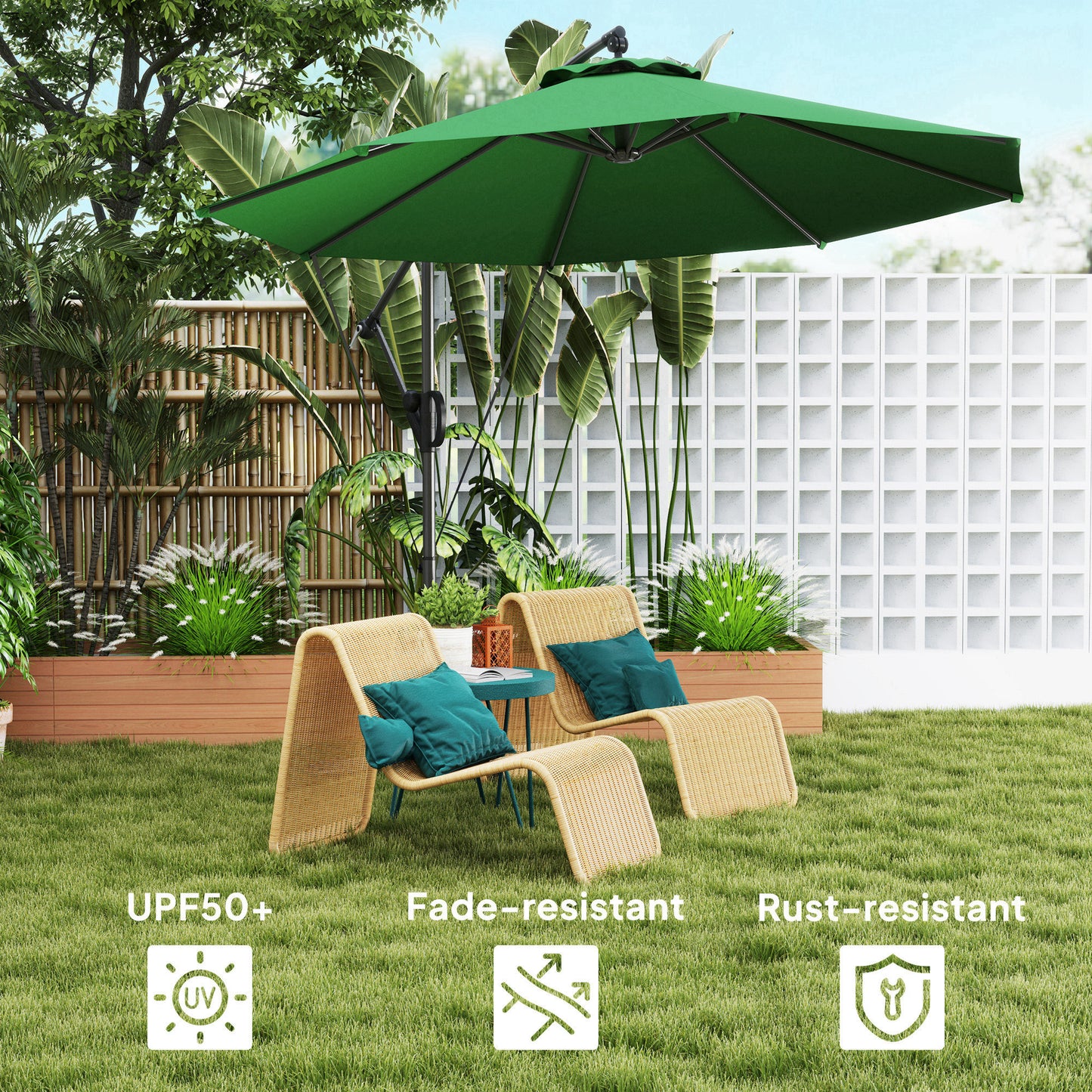 Outsunny Garden Cantilever Parasol with Cover & Wind Strap, Round Umbrella with Crank & Tilt, UPF50+ Patio Sun Shade, Green