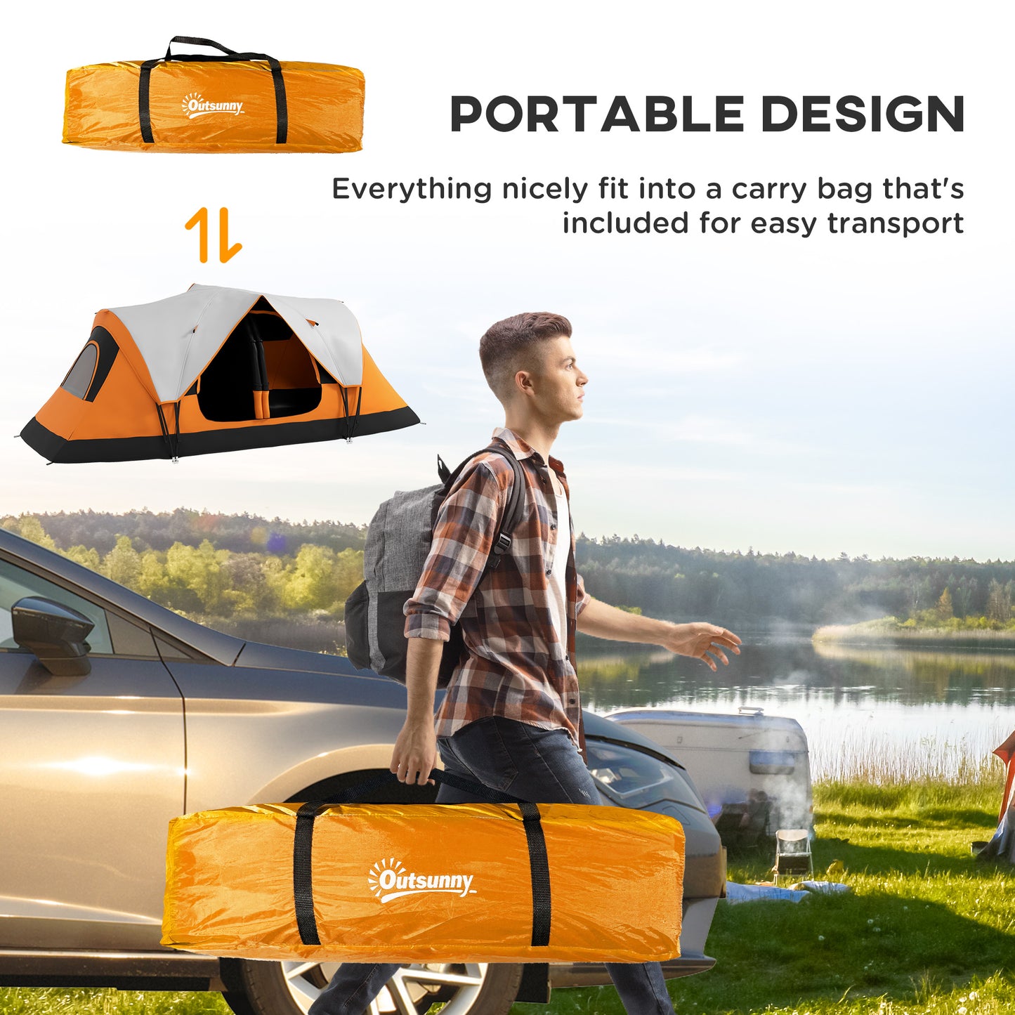 Outsunny Six-Man Tent with Two Rooms Small Rainfly and Accessories - Orange