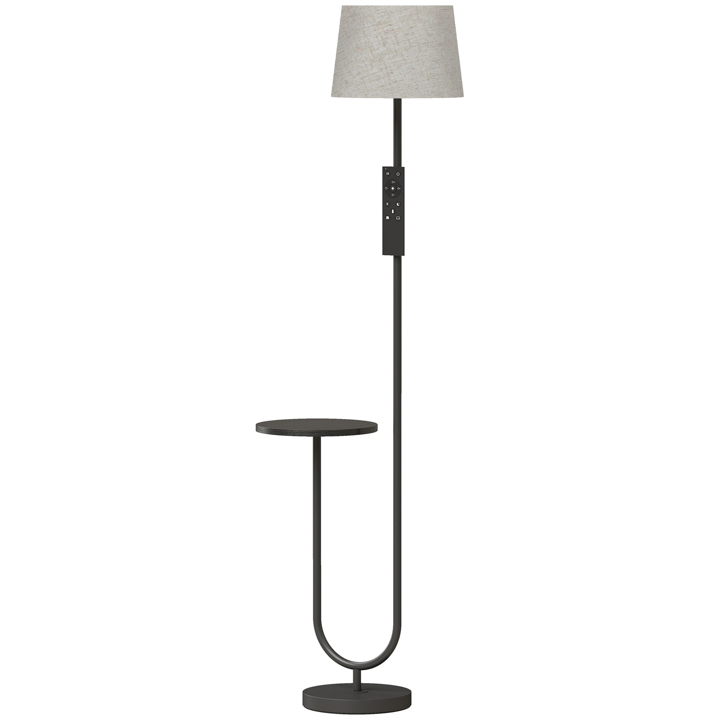HOMCOM Modern Floor Lamp with Shelf, Dimmable Floor Lamp with Linen Shade, RF Remote and Foot Switch for Living Room, Black