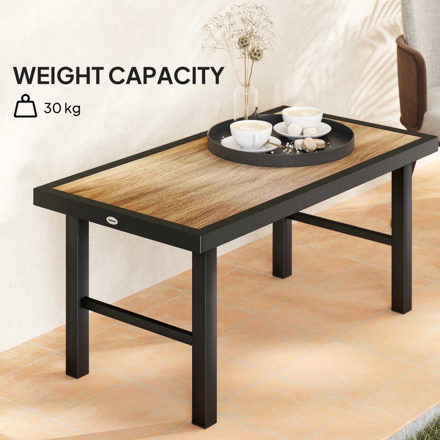 Outsunny Metal Garden Coffee Table, Outdoor Side Table with SPC Woodgrain Tabletop, 100 x 53 x 46cm, Brown Wood Effect