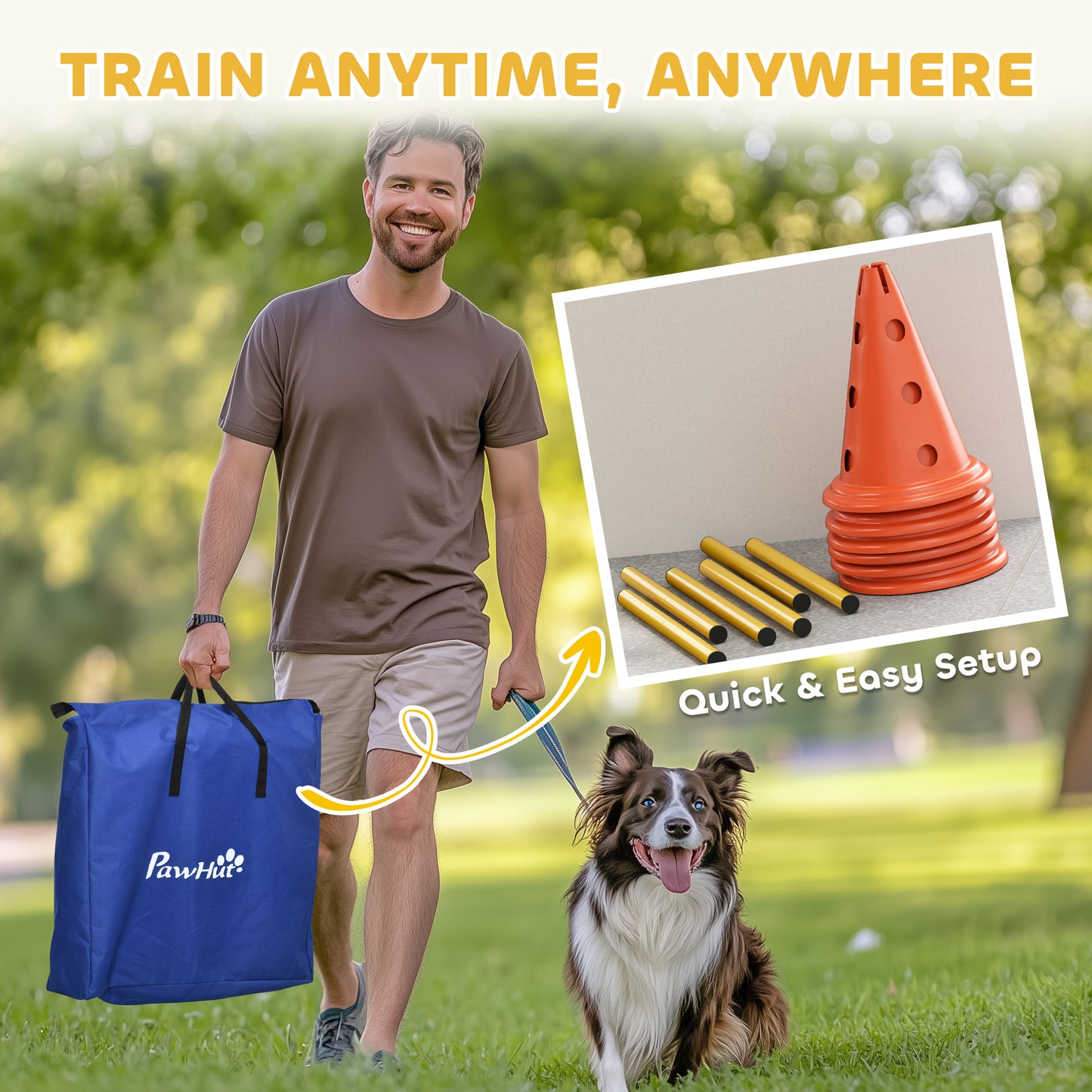 PawHut Dog Agility Equipment Set of 6 Cones, 6 Poles with Carry Bag, 3 PCS Adjustable Height Jumping Obstacles, Orange