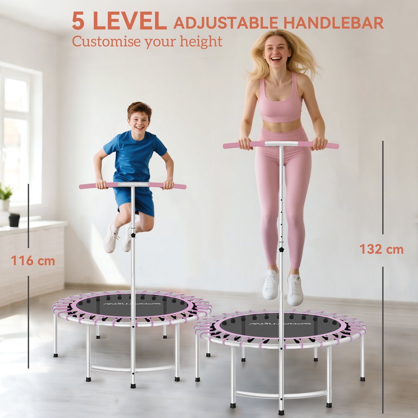 SPORTNOW 40" Fitness Trampoline, Mini Rebounder for Adults with 5-Level Adjustable Handle, Indoor Exercise, Max Load 100KG, Purple