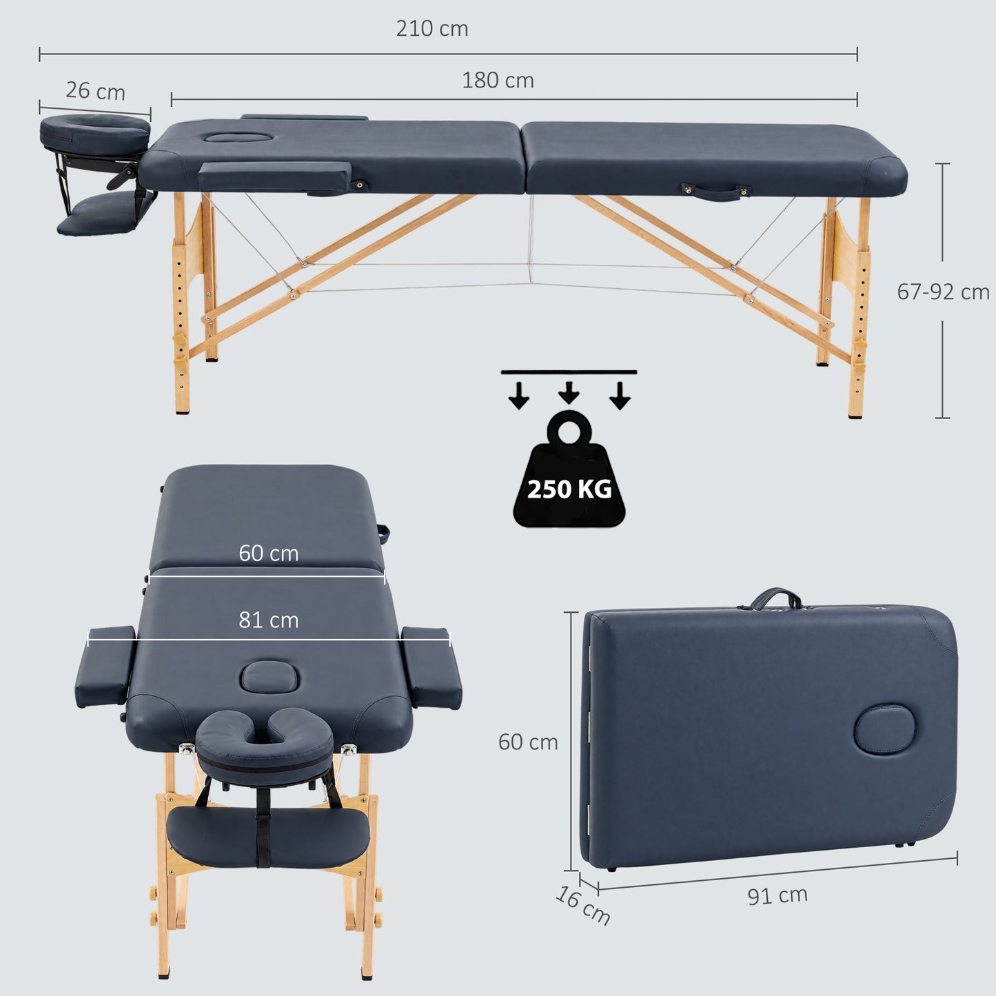 HOMCOM Portable Massage Bed, Folding Spa Beauty Massage Table with 2 Sections, Carry Bag and Wooden Frame, Dark Blue