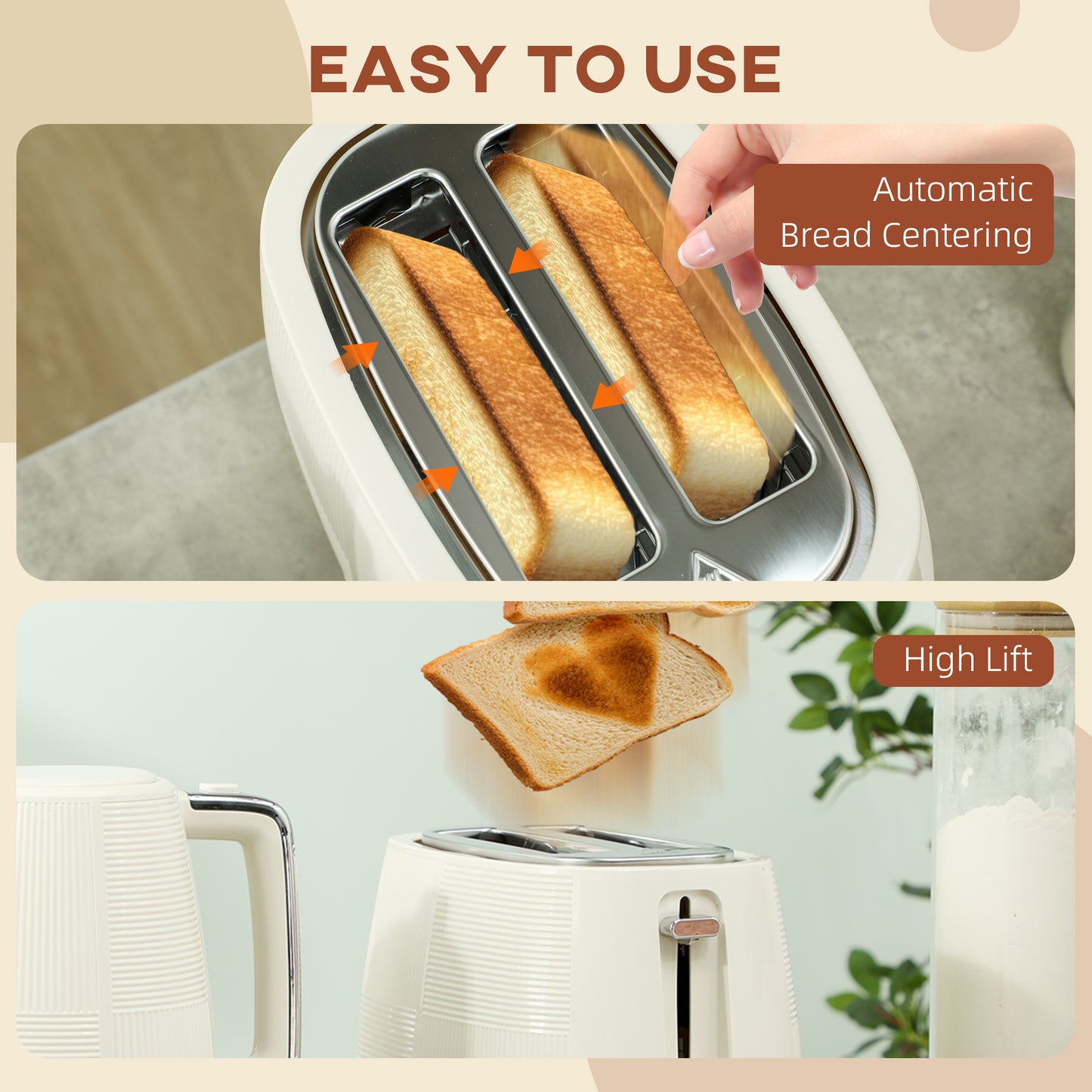 HOMCOM Kettle and Toaster Set, 1.7L 3000W Fast Boil, 2 Slice Toaster, 7 Browning Levels, Cream White