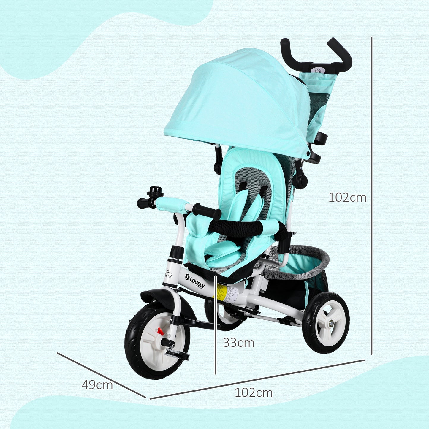 HOMCOM 4 in 1 Kids Trike Push Bike w/ Push Handle Canopy 5-point Safety Belt Storage Footrest Brake for 1-5 Years Green