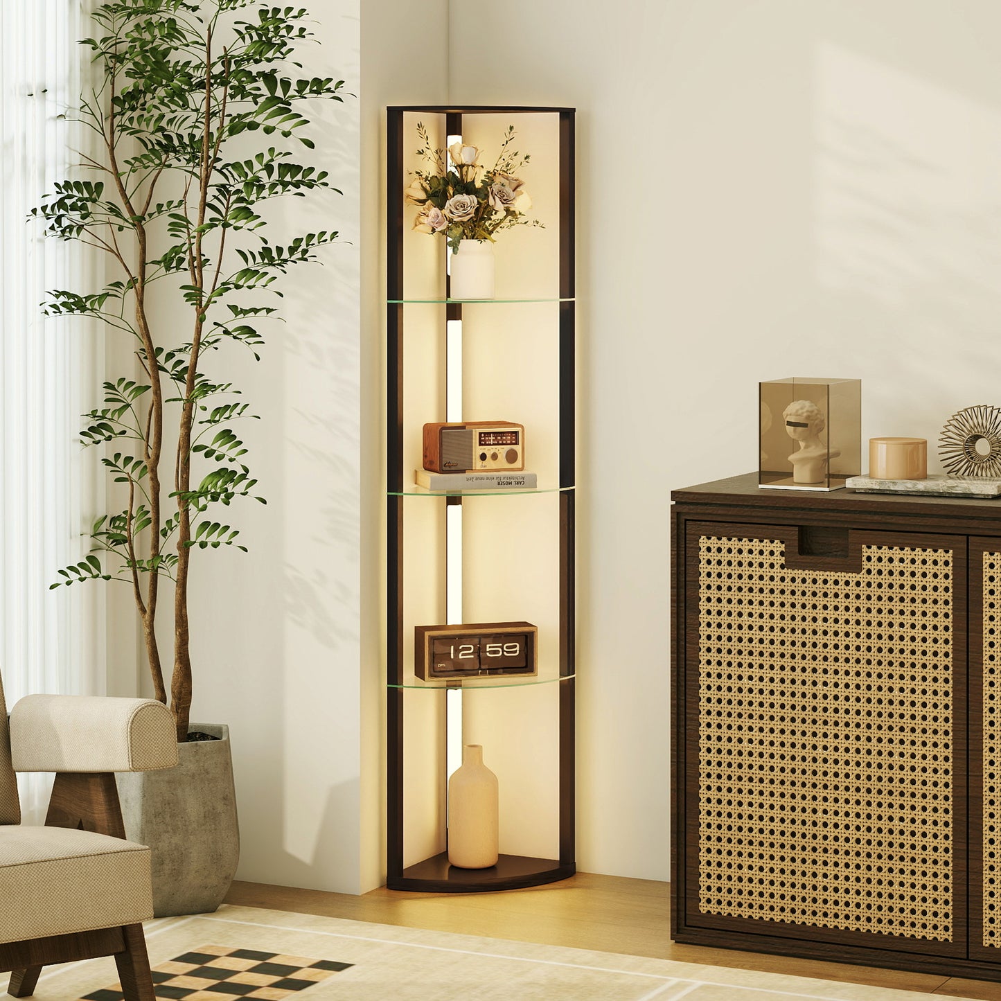 HOMCOM LED Floor Lamp with Shelves, Dimmable Standing Lamp with Foot Switch for Living Room, Bedroom, Black