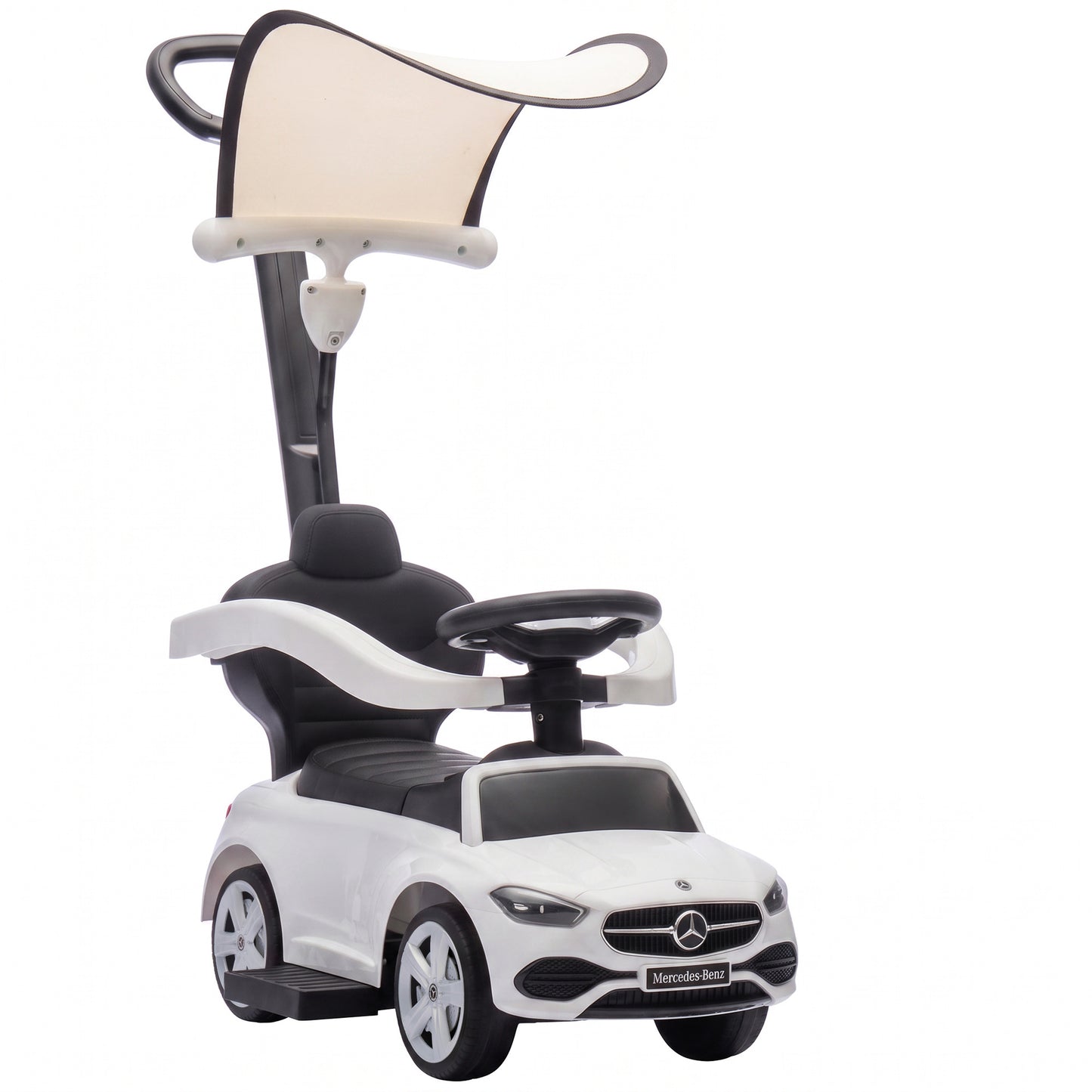 AIYAPLAY 4 in 1 Licensed Benz Ride on Push Car with Handle, Canopy, Guardrails, Horn, Music, Storage for 12-36 Months, White