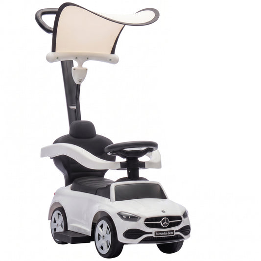 AIYAPLAY 4 in 1 Licensed Benz Ride on Push Car with Handle, Canopy, Guardrails, Horn, Music, Storage for 12-36 Months, White