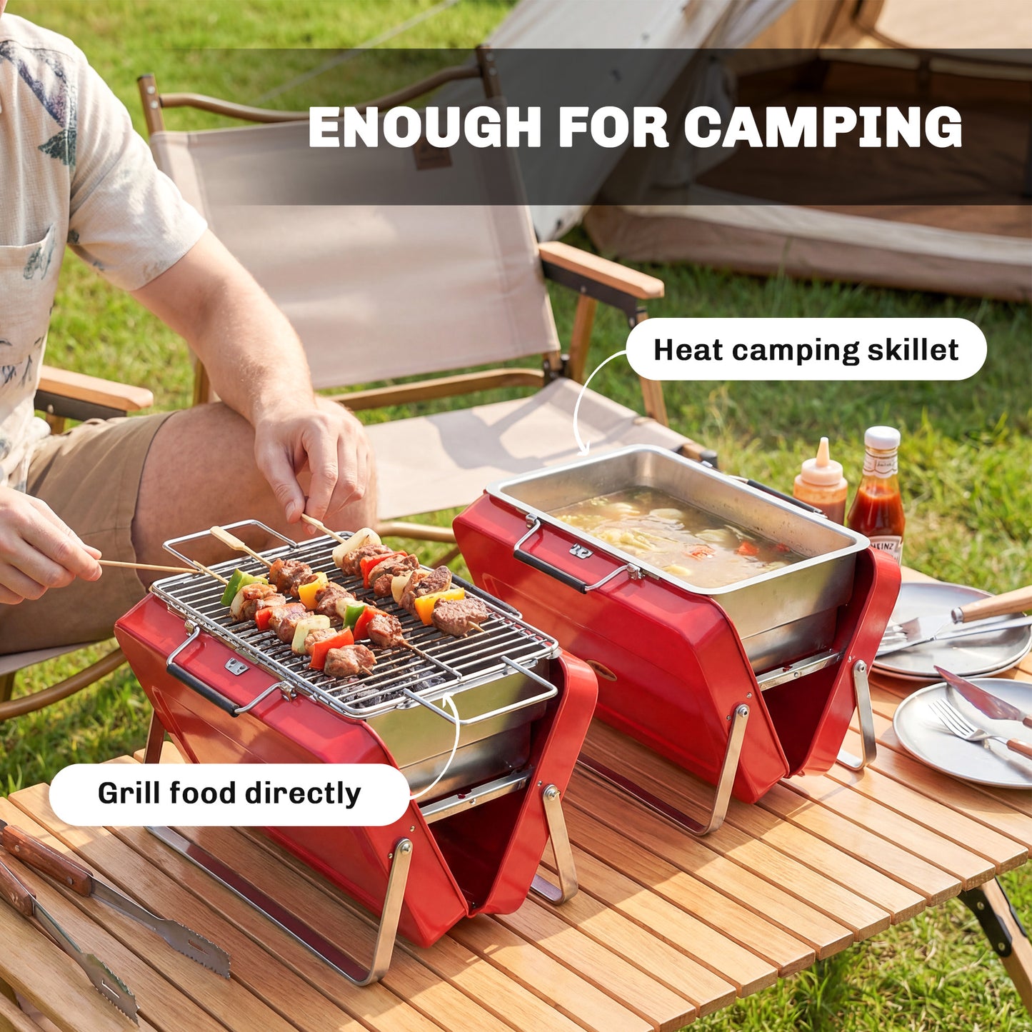 Outsunny Portable Mini Charcoal Barbecue Grill with Suitcase Shell, Outdoor Folding Tabletop BBQ Grill, Red