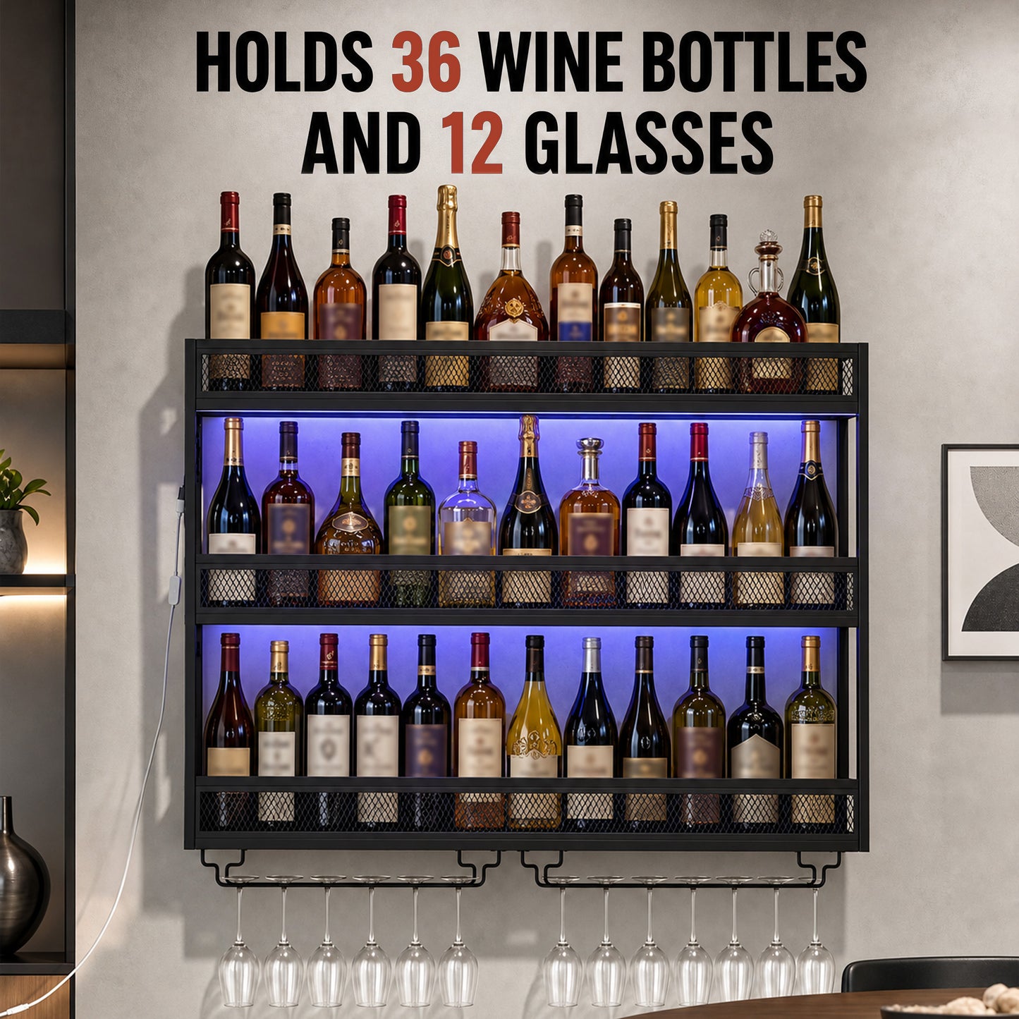 HOMCOM Wall-Mounted Wine Rack with LED Lights, Glass Holders, Open Shelf, Metal Storage Rack, Black
