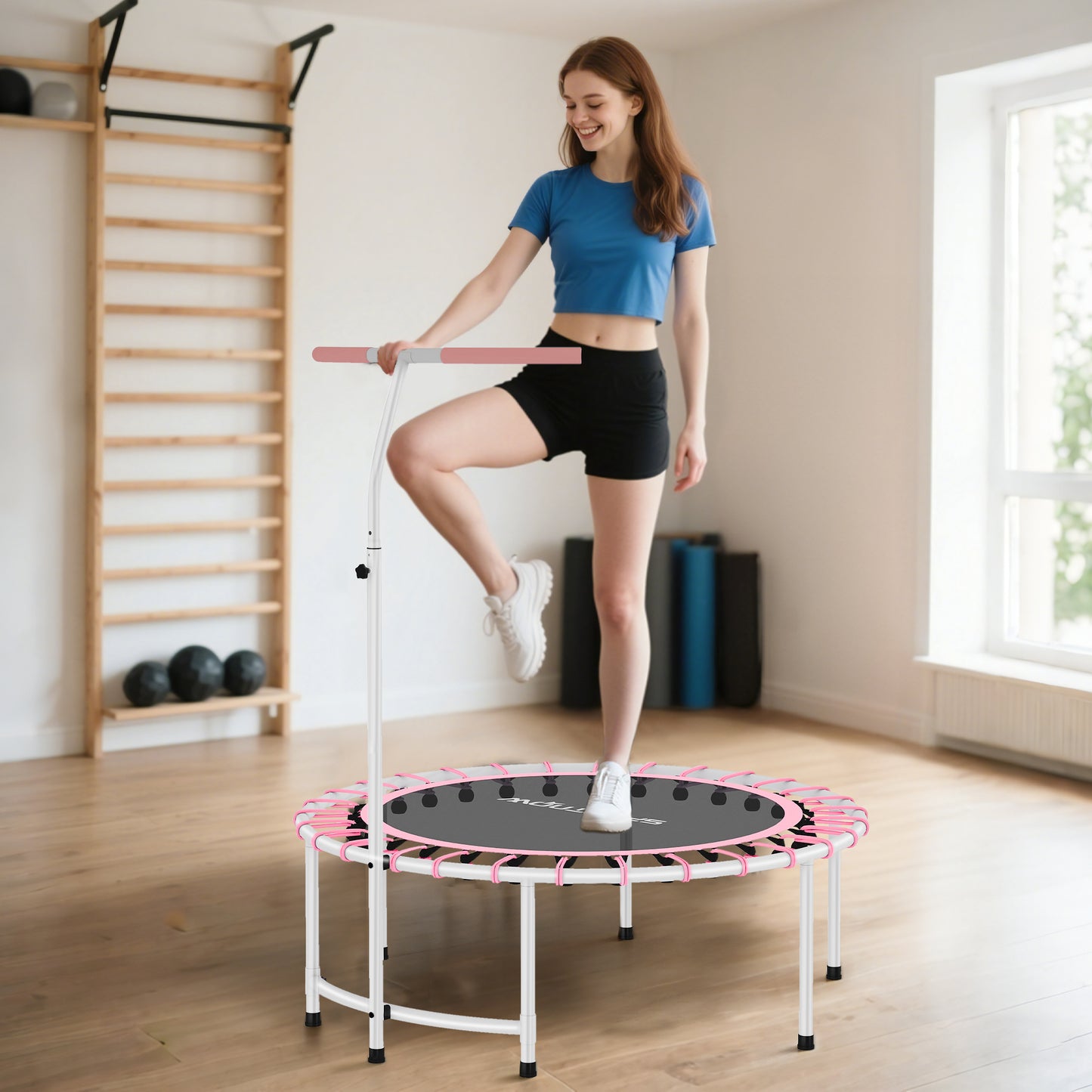 SPORTNOW 40" Fitness Trampoline, Mini Rebounder for Adults with 5-Level Adjustable Handle, Indoor Bungee, Max Load 100KG, Pink