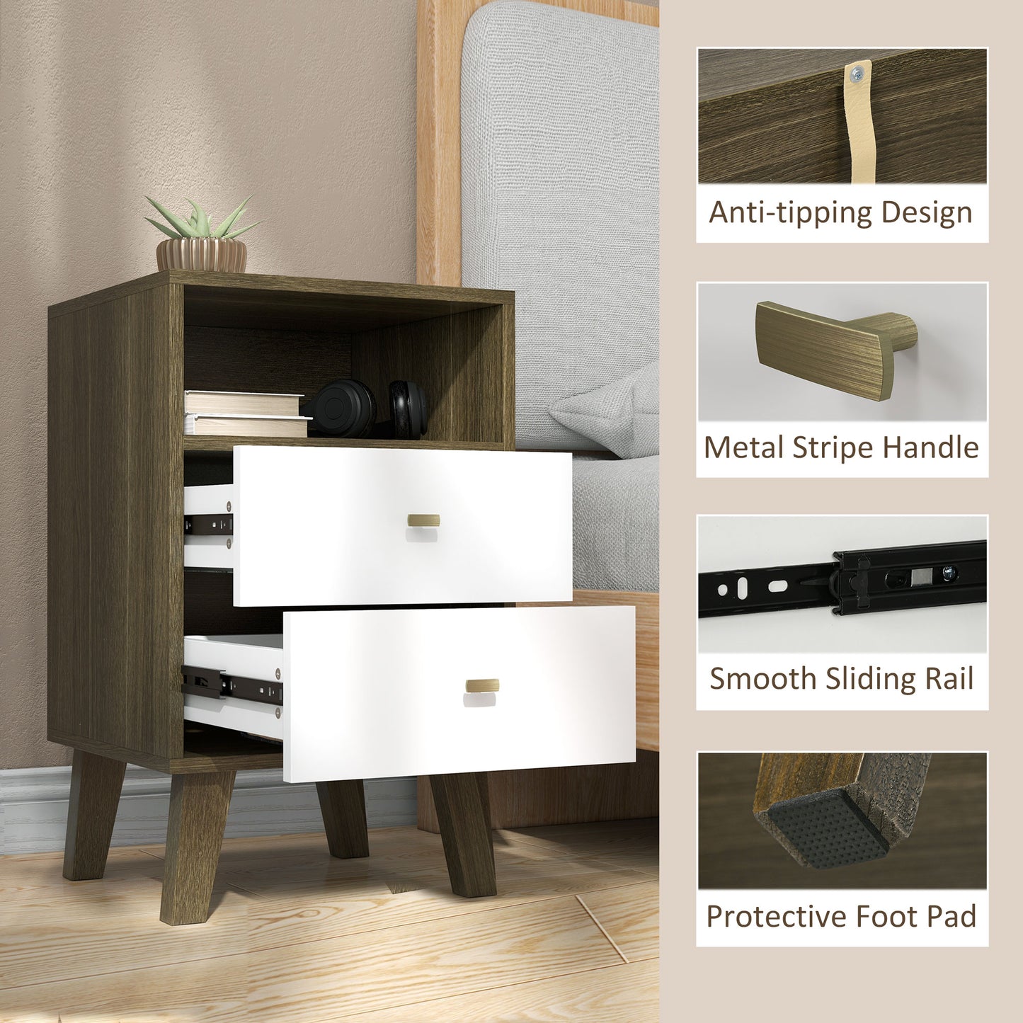 HOMCOM Industrial-Scandinavian Mix Bedside Table, with Drawers and Shelf