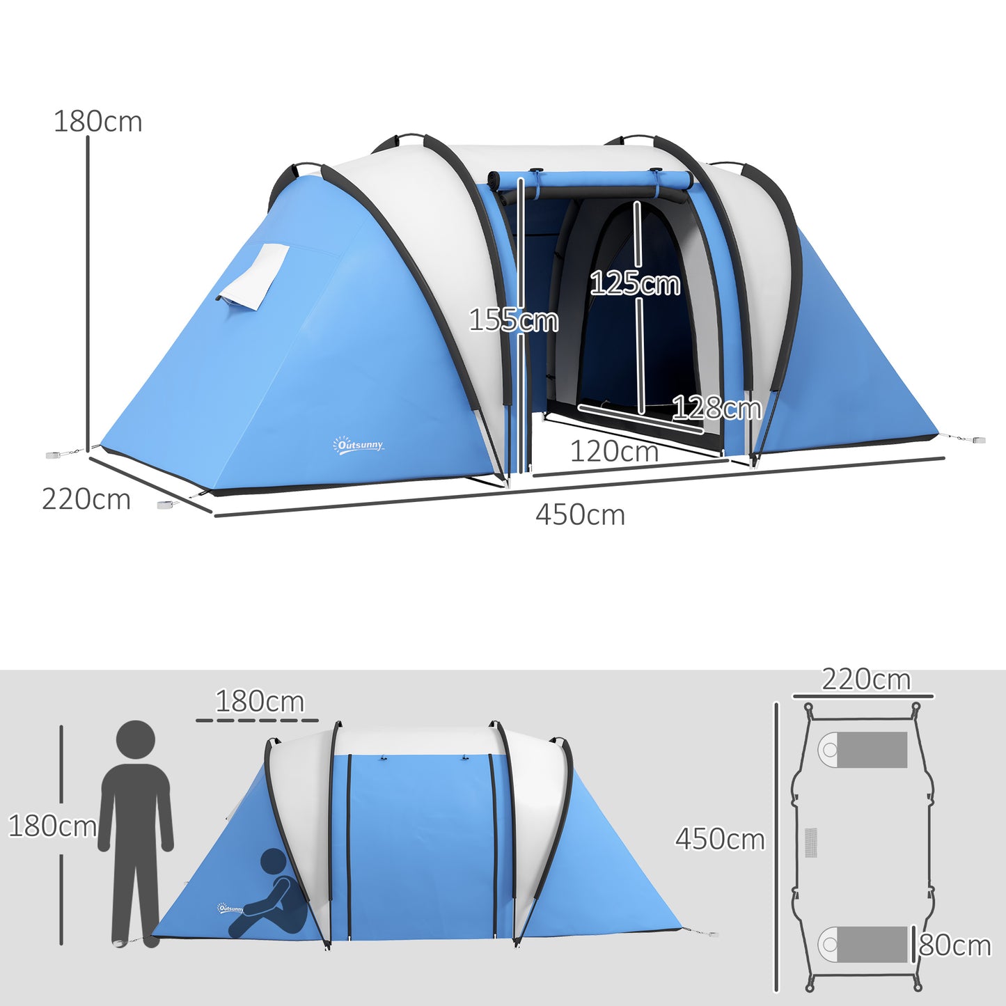 Outsunny Camping Tent with 2 Bedrooms and Living Area 3000mm Waterproof Family Tent for Fishing Hiking Festival Blue
