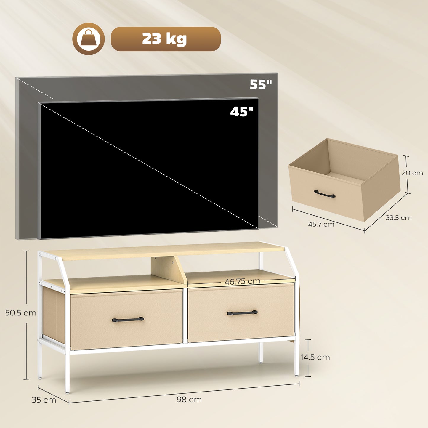 HOMCOM TV Stand Cabinet for 55-inch TVs, 2 Foldable Fabric Drawers, 5 Side Pockets, Open Shelves, Console Table, Natural Wood Finish