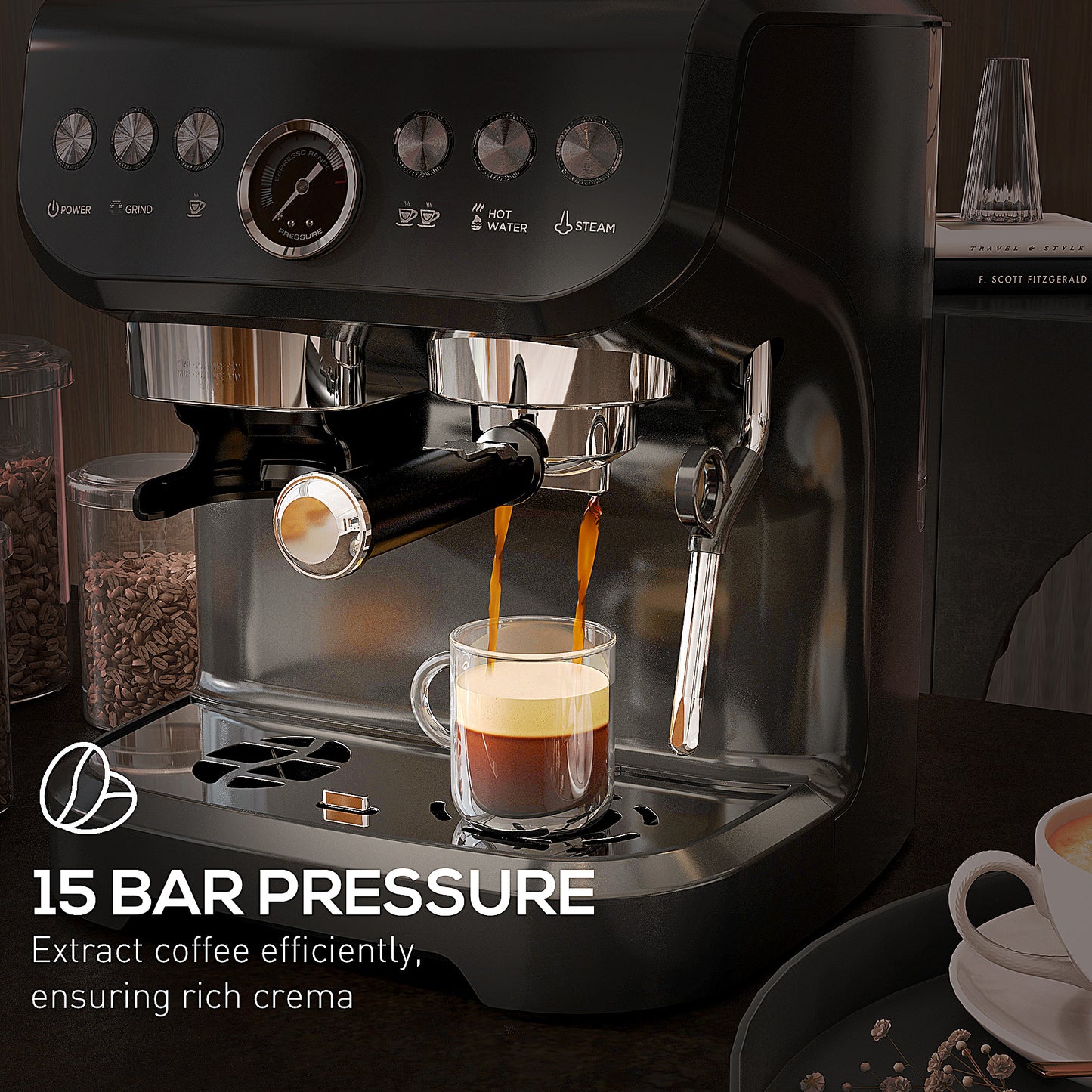 HOMCOM 15 Bar Coffee Machine, with Adjustable Grind, Steamer and Accessories