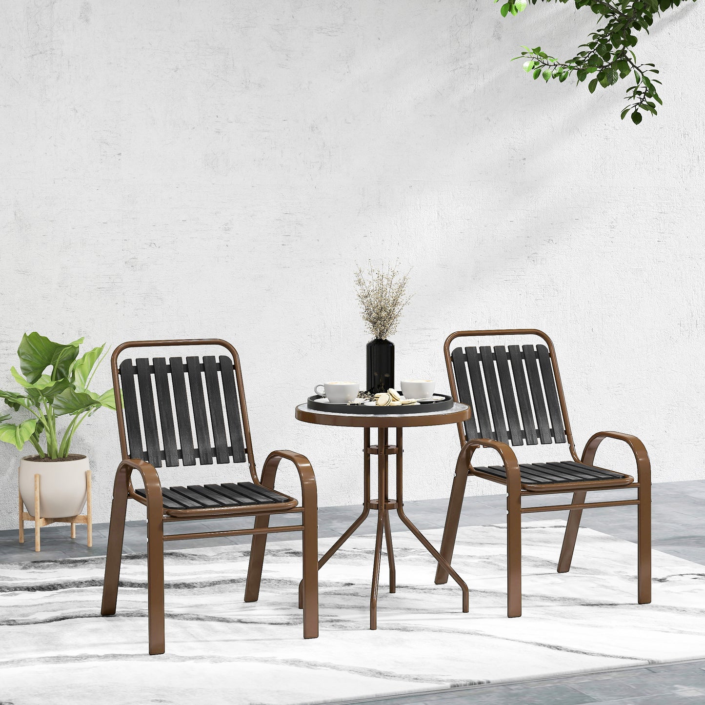 Outsunny 3 Pieces Patio Bistro Set with Stackable Chairs, Tempered Glass Table, for Outdoor, Balcony, Patio, Garden Charcoal Grey