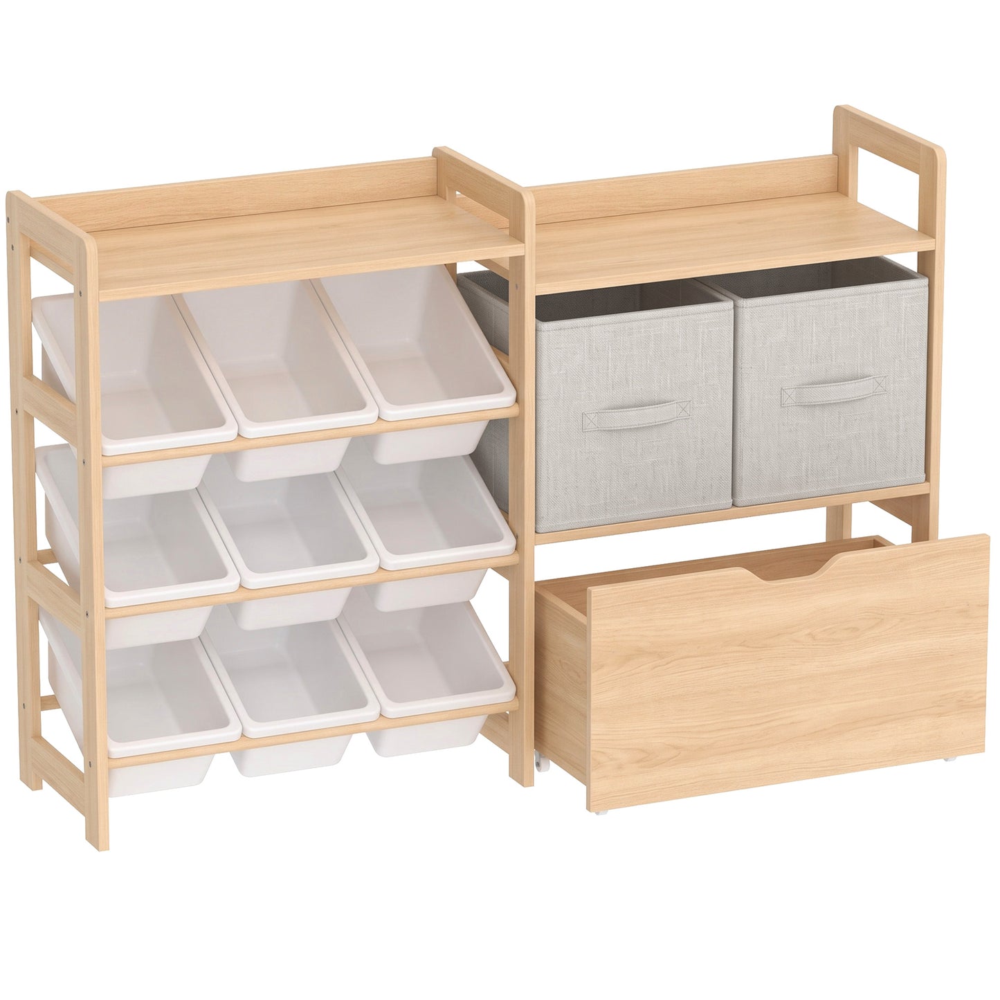 AIYAPLAY Wooden Toy Storage Unit with Rolling Toy Chest, 2 Fabric Drawers, 2 Shelves and 9 Bins for Bedroom, Playroom, Nursery