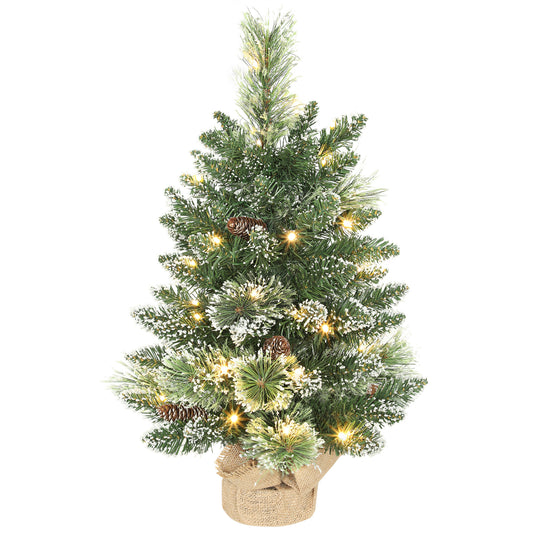 HOMCOM 60cm Prelit Christmas Tree, Snow Flocked Tabletop with 35 LED Lights, Pine Cones, Linen Base, Battery Operated, Green