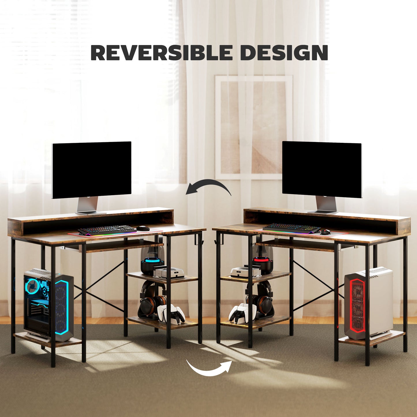 HOMCOM Reversible Computer Desk, LED Lights, Power Outlets, Monitor Stand, Keyboard Tray, Storage Shelves, 120x55 cm, Rustic Brown