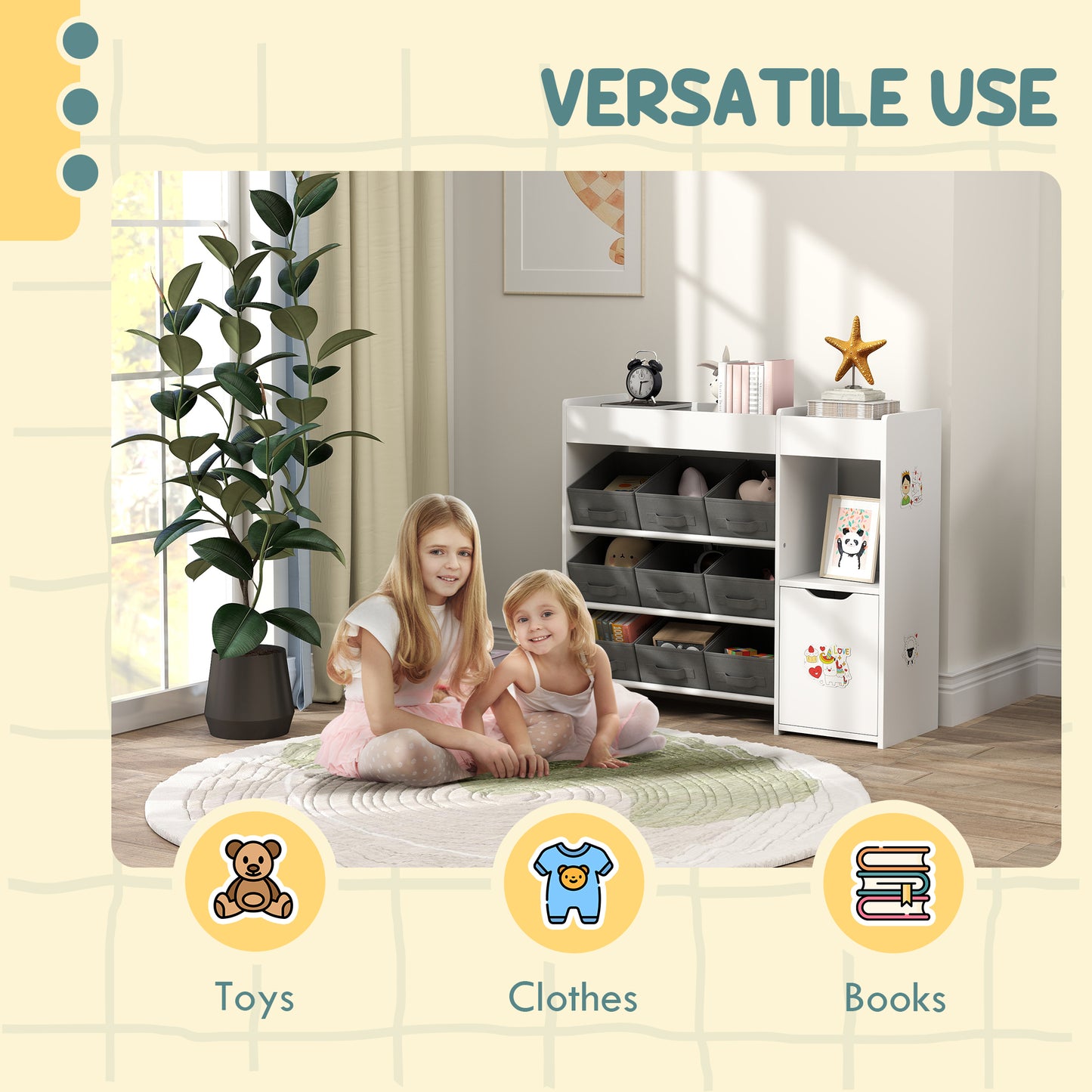 AIYAPLAY Kids Toy Storage, 9 Removable Fabric Bins, Wooden Toy Storage Units for Toys and Books for Bedroom, Nursery, White
