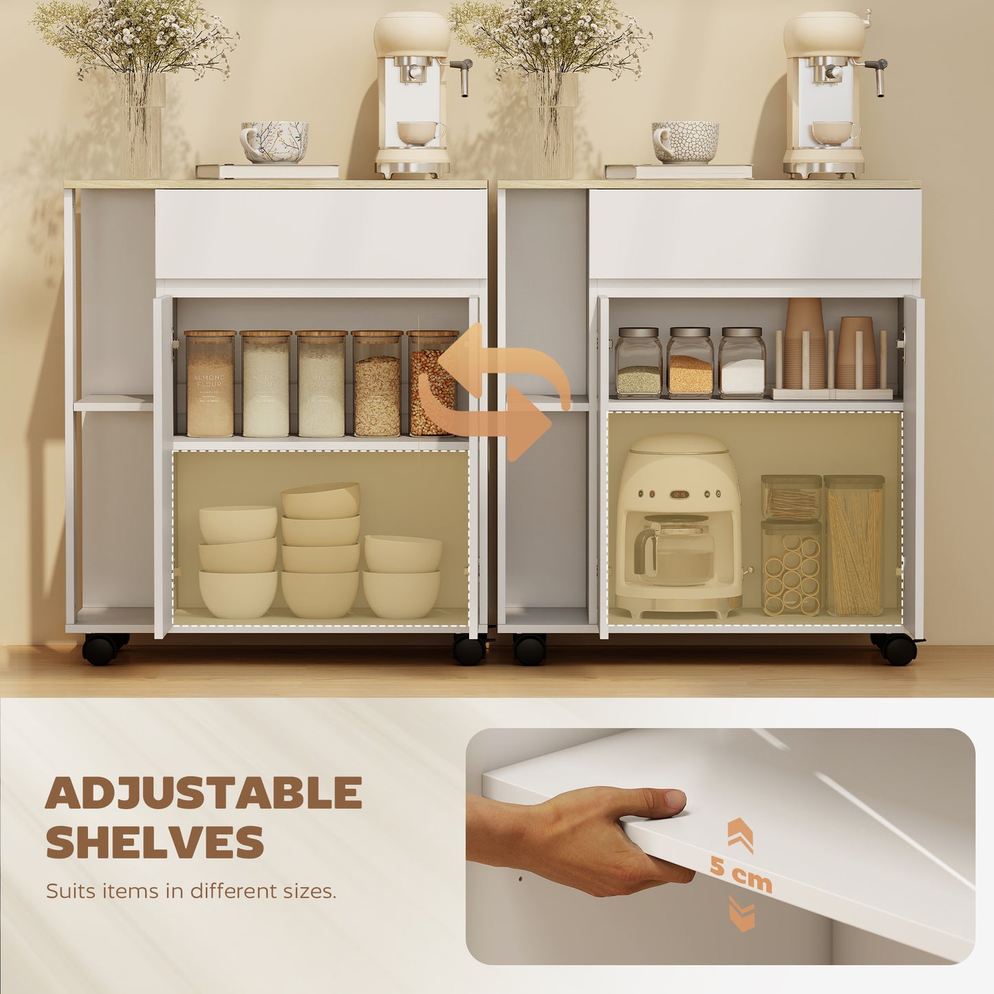 HOMCOM Kitchen Storage Trolley Cart with Cabinet, Drawer and Open Shelves, White