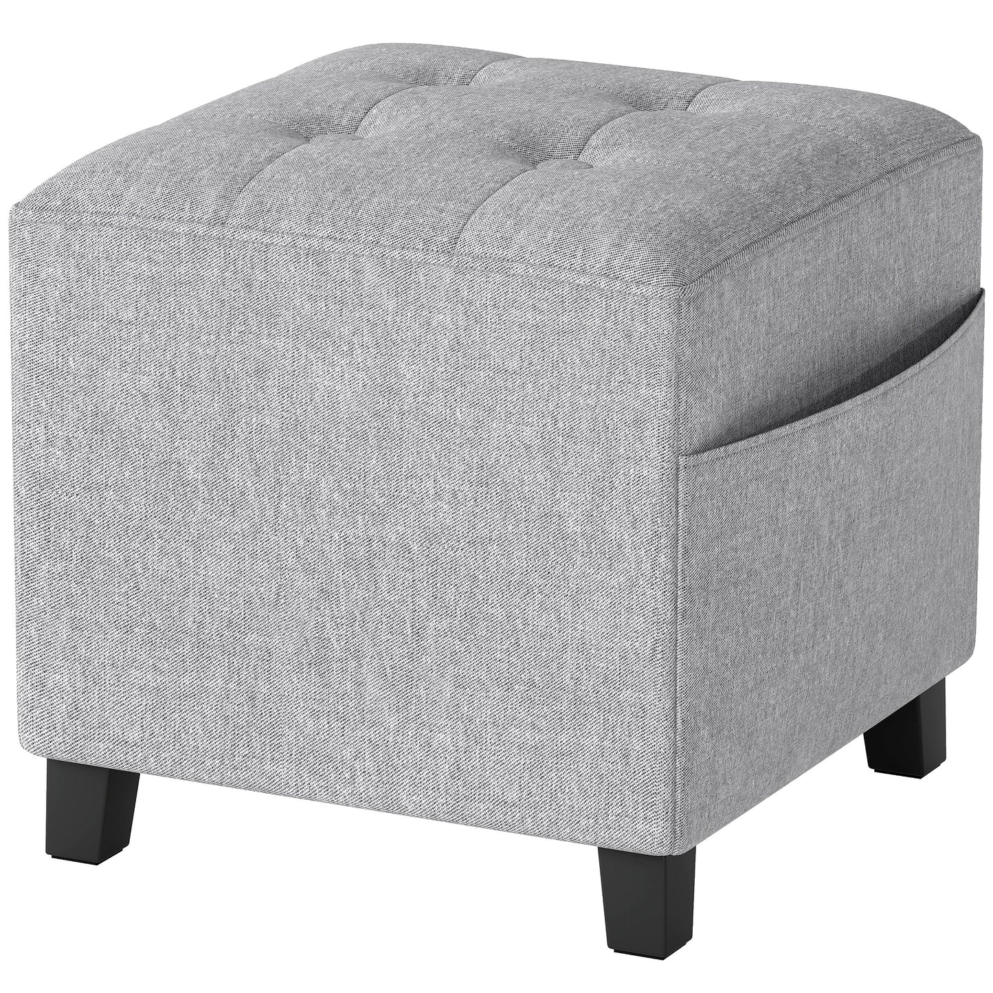 HOMCOM Square Footstool, Small Ottoman with Side Pocket, Linen Fabric, Rubber Wood Legs, Padded Seat, 35x35x35cm, Light Grey