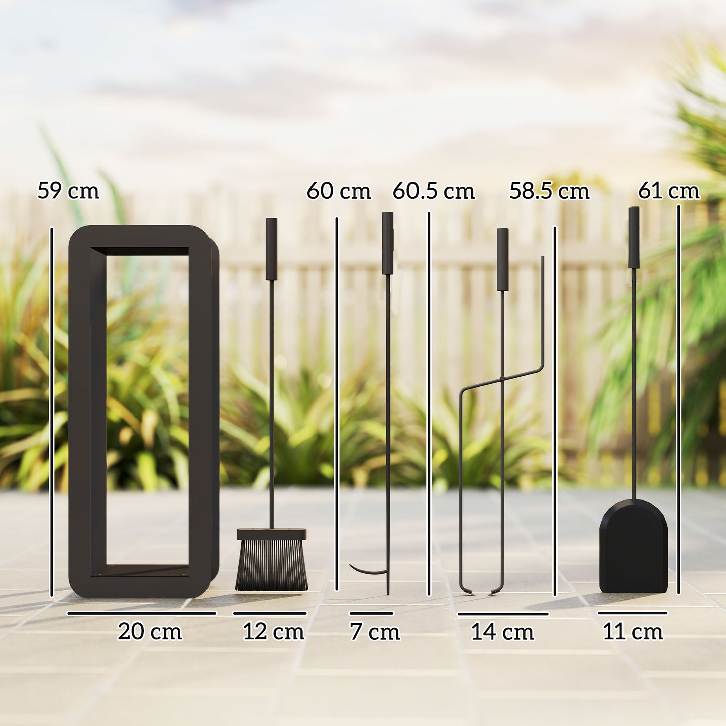 Outsunny 5 Piece Metal Fireplace Set - Includes Brush, Shovel, Poker, Tongs, and Stand, Black.